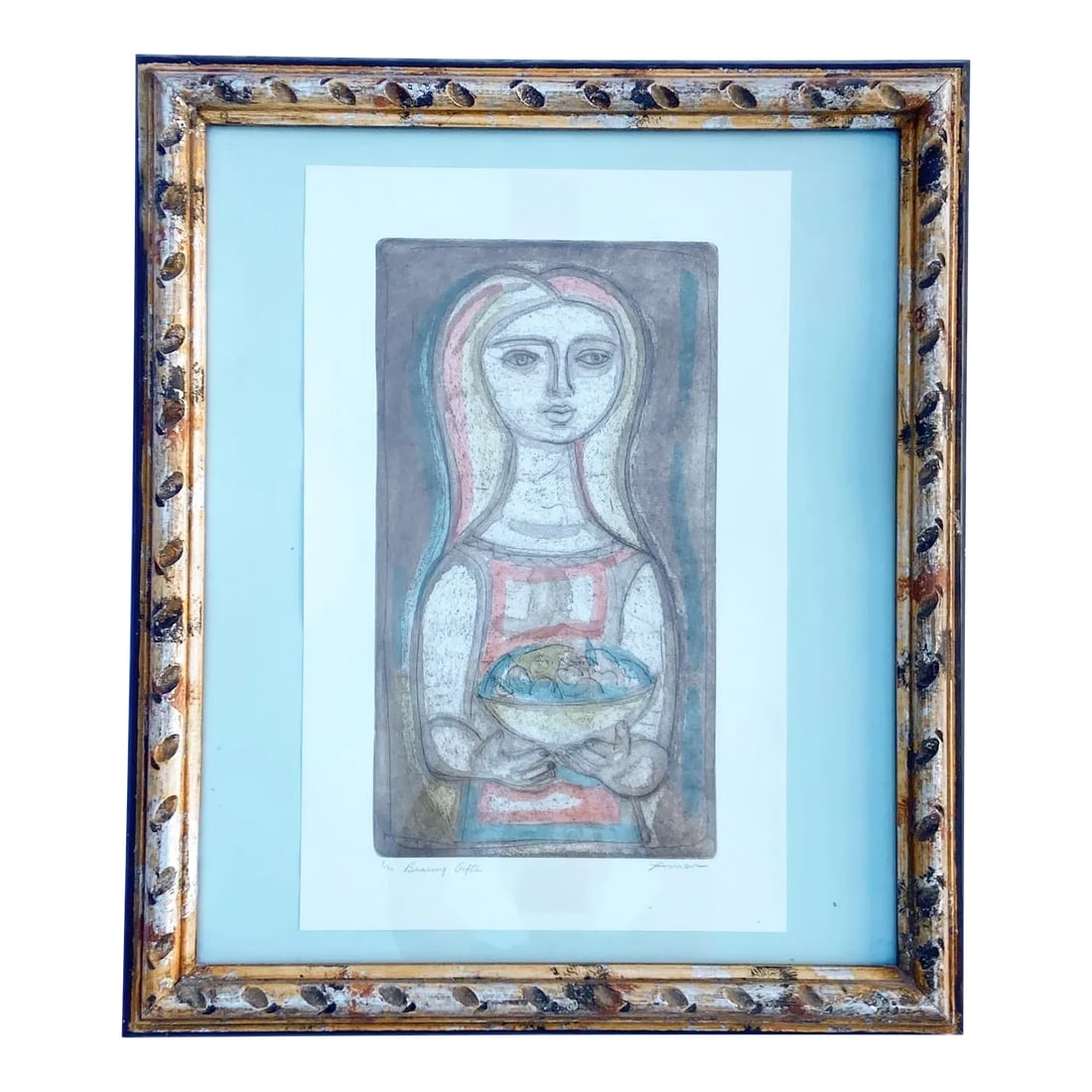 Bearing Gifts, Framed Lithograph 3/90 by Irving Amen: Outstanding color lithograph, titled "Bearing Gifts" from 1950s and annotated 3/90, signed by American artist Irving Amen. Amen (1918-2011) is known as one of the most important printmakers in the Uni