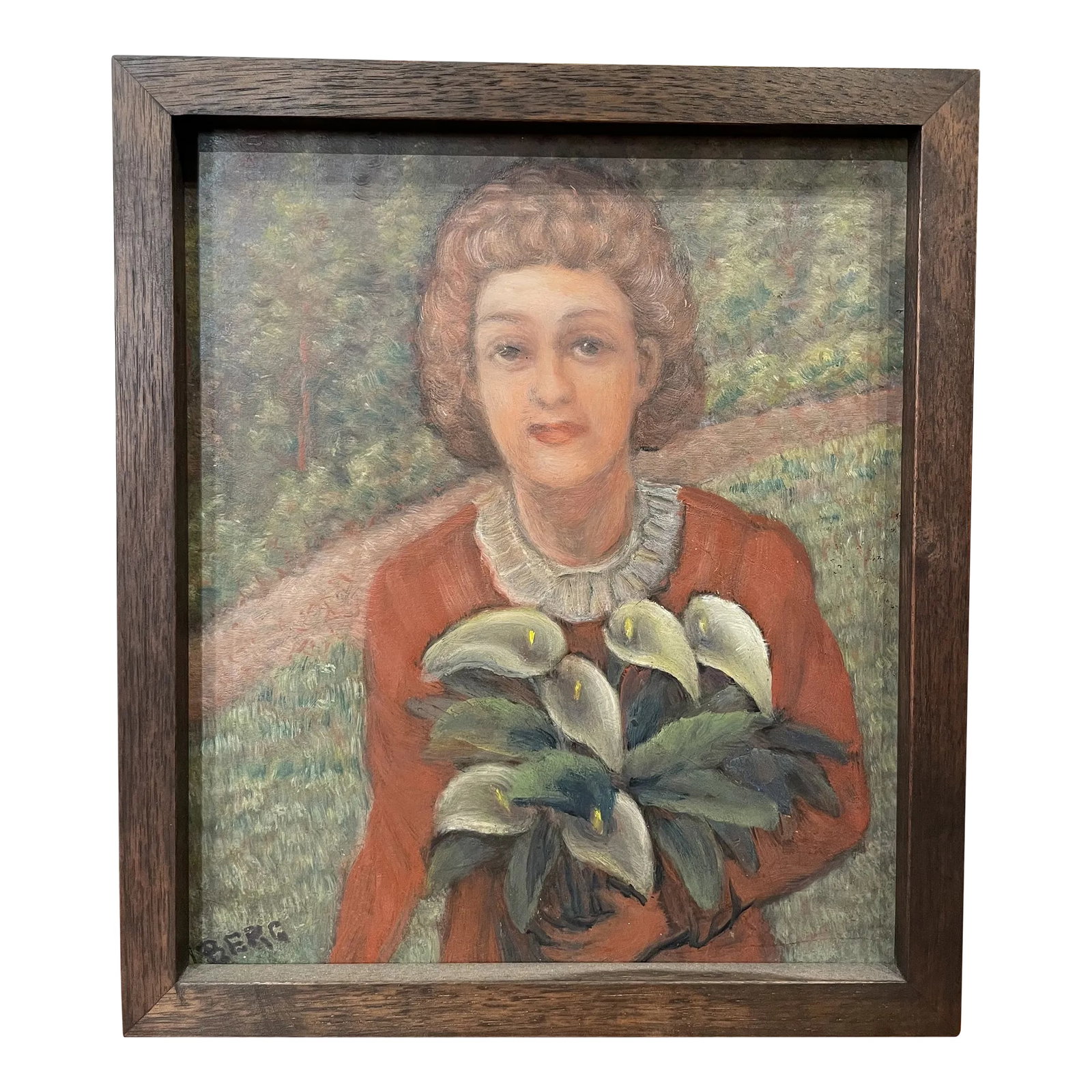Circa 1940s French Portrait Oil Painting of a Woman with Calla Lilies, Framed: The Susie Tompkins Buell collection of women's portraits was a long time in the making. She started collecting these in the mid 70s and amassed them over the course of many years at flea markets. She