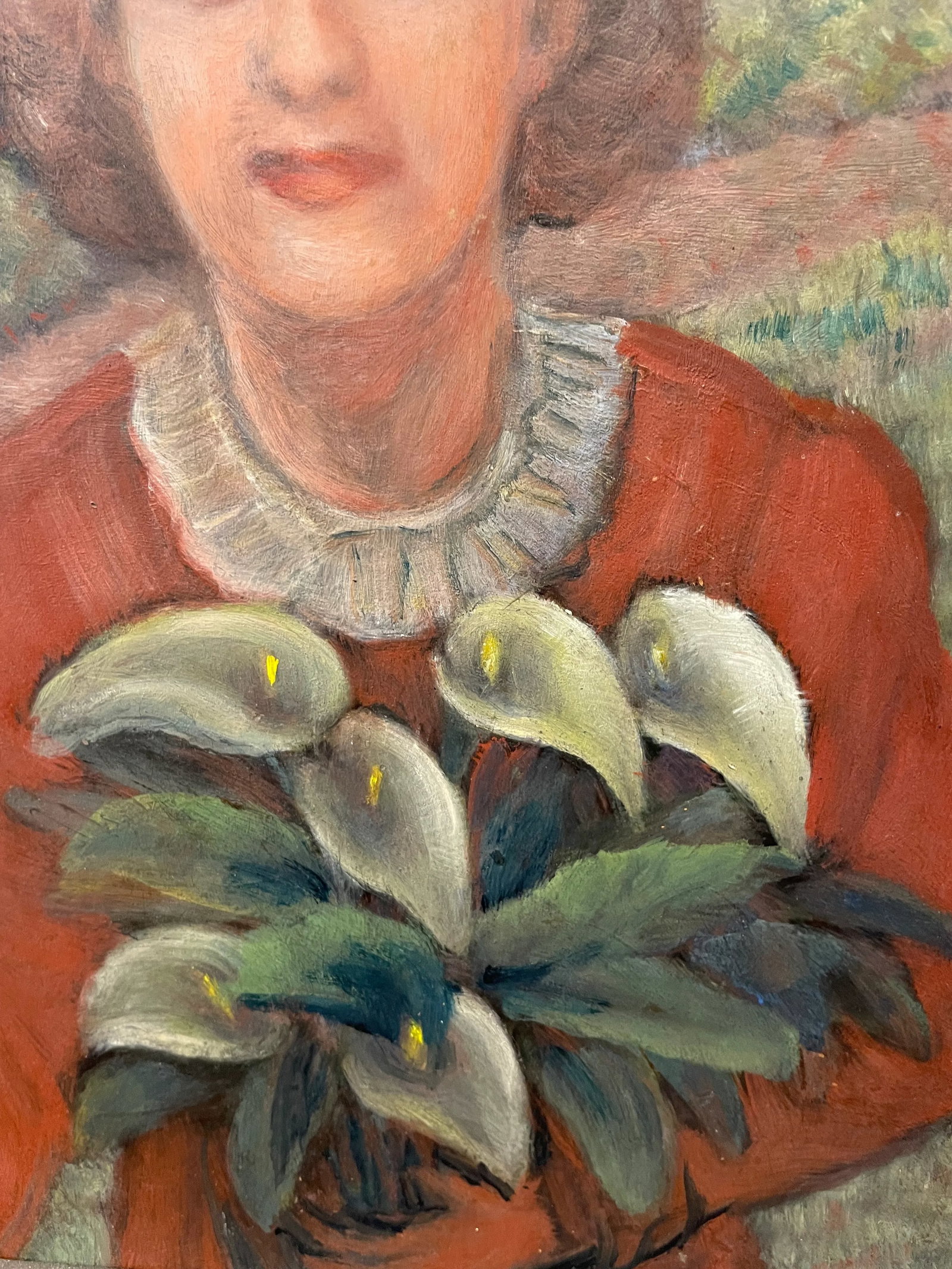 Circa 1940s French Portrait Oil Painting of a Woman with Calla Lilies, Framed - 2