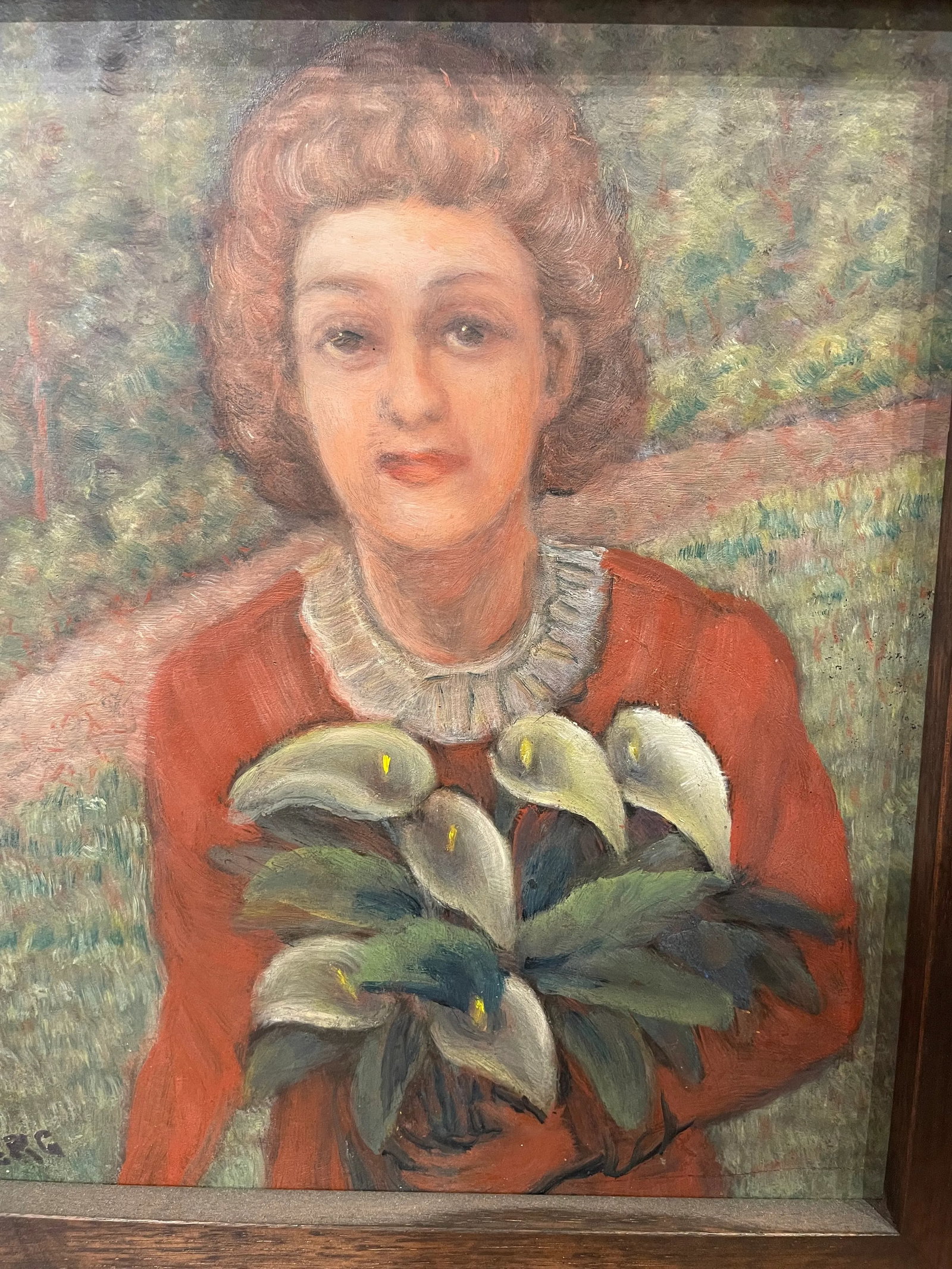 Circa 1940s French Portrait Oil Painting of a Woman with Calla Lilies, Framed - 3