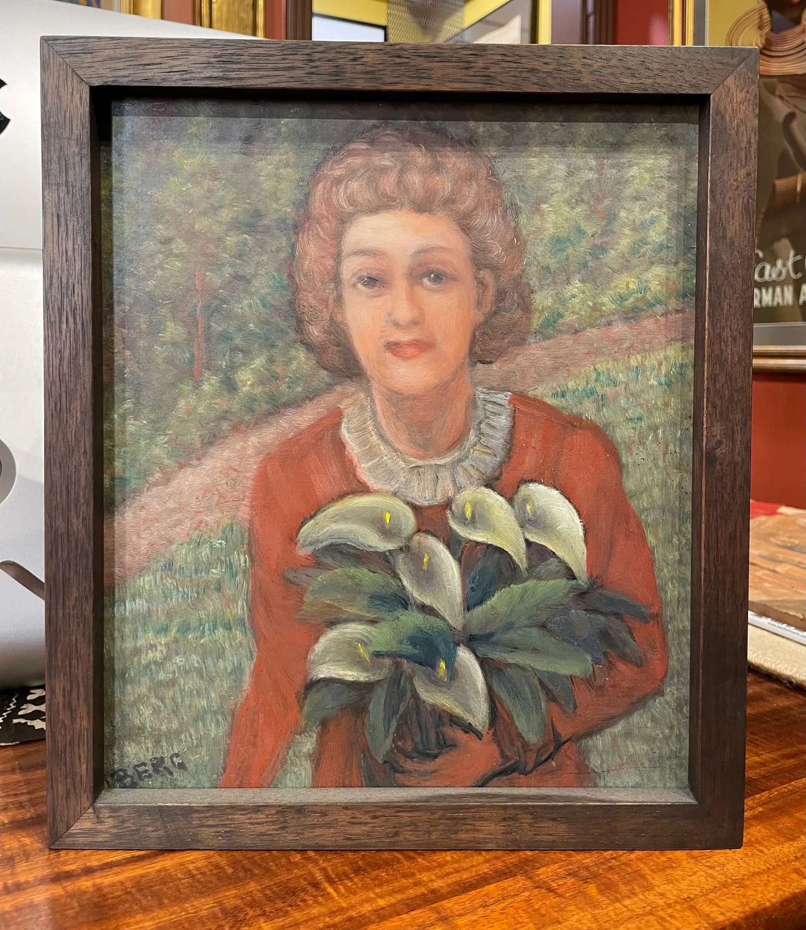 Circa 1940s French Portrait Oil Painting of a Woman with Calla Lilies, Framed - 5