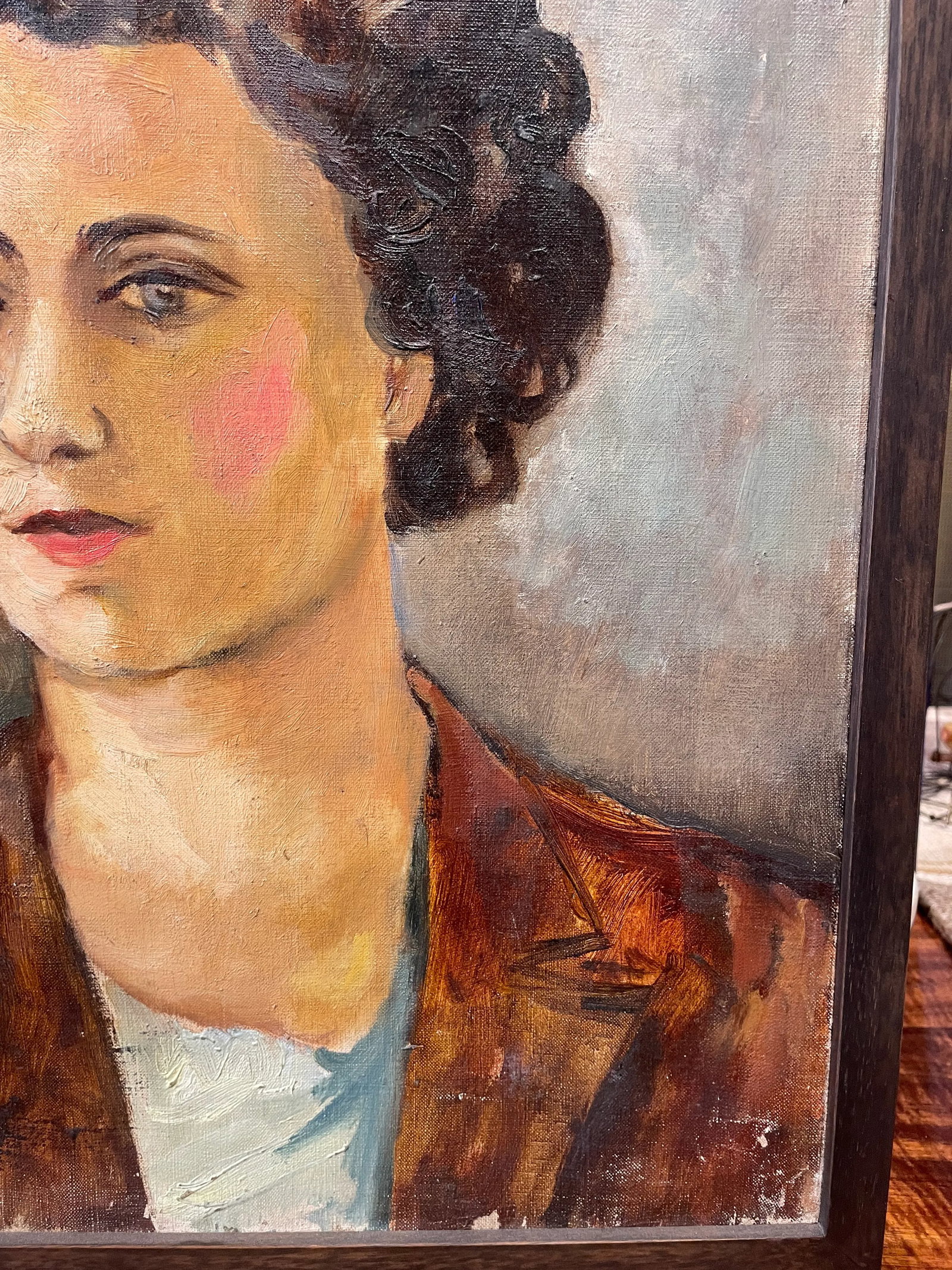 Circa 1940s French Woman with Curls Portrait Oil Painting, Framed - 3