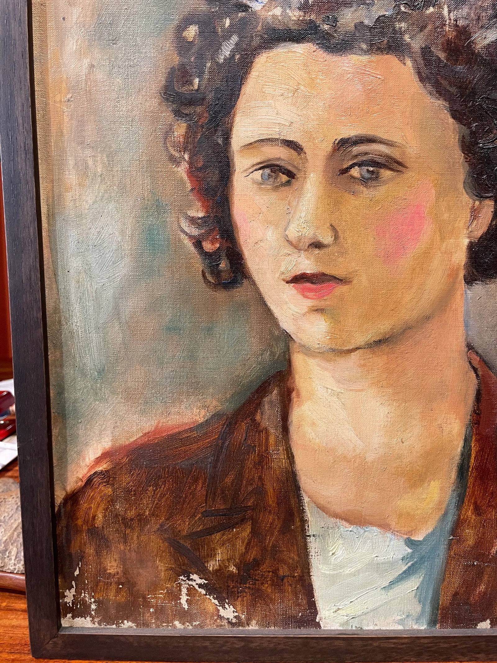 Circa 1940s French Woman with Curls Portrait Oil Painting, Framed - 4