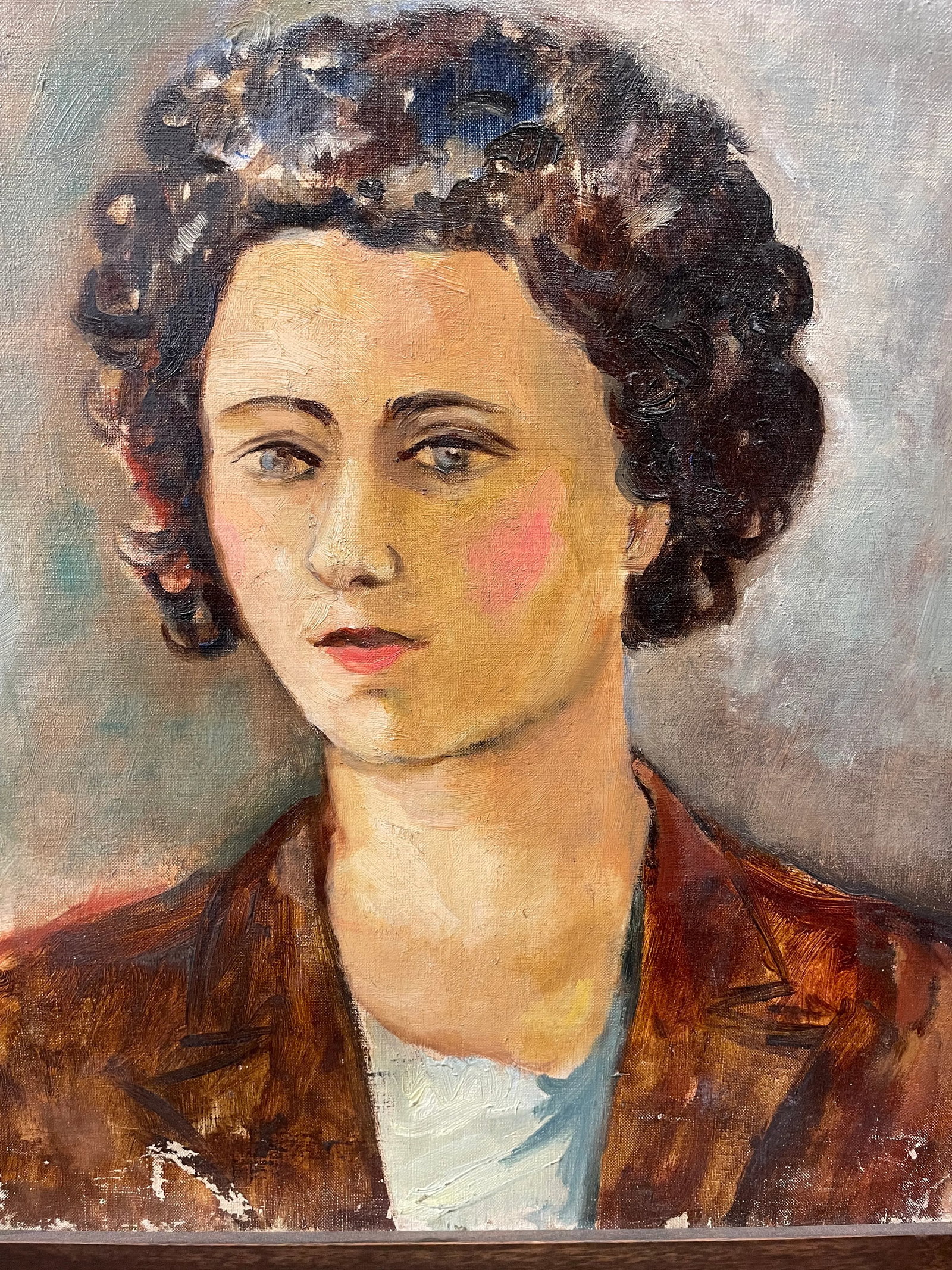 Circa 1940s French Woman with Curls Portrait Oil Painting, Framed - 5