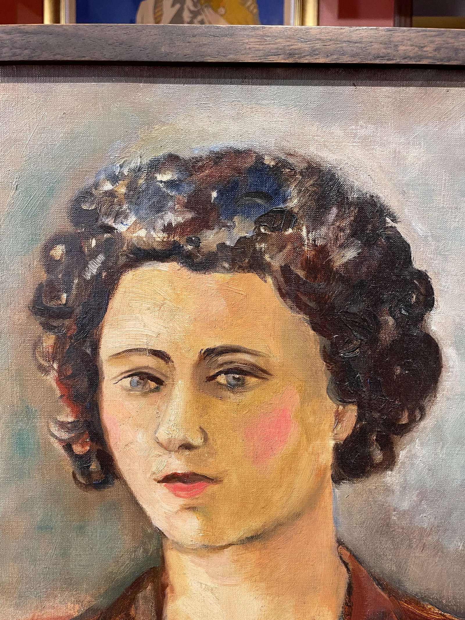 Circa 1940s French Woman with Curls Portrait Oil Painting, Framed - 6