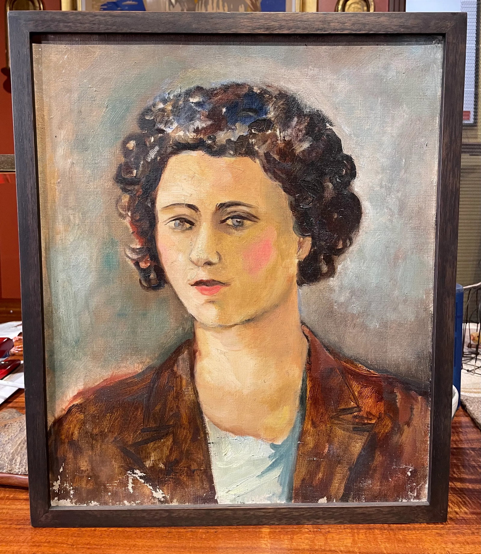 Circa 1940s French Woman with Curls Portrait Oil Painting, Framed - 7