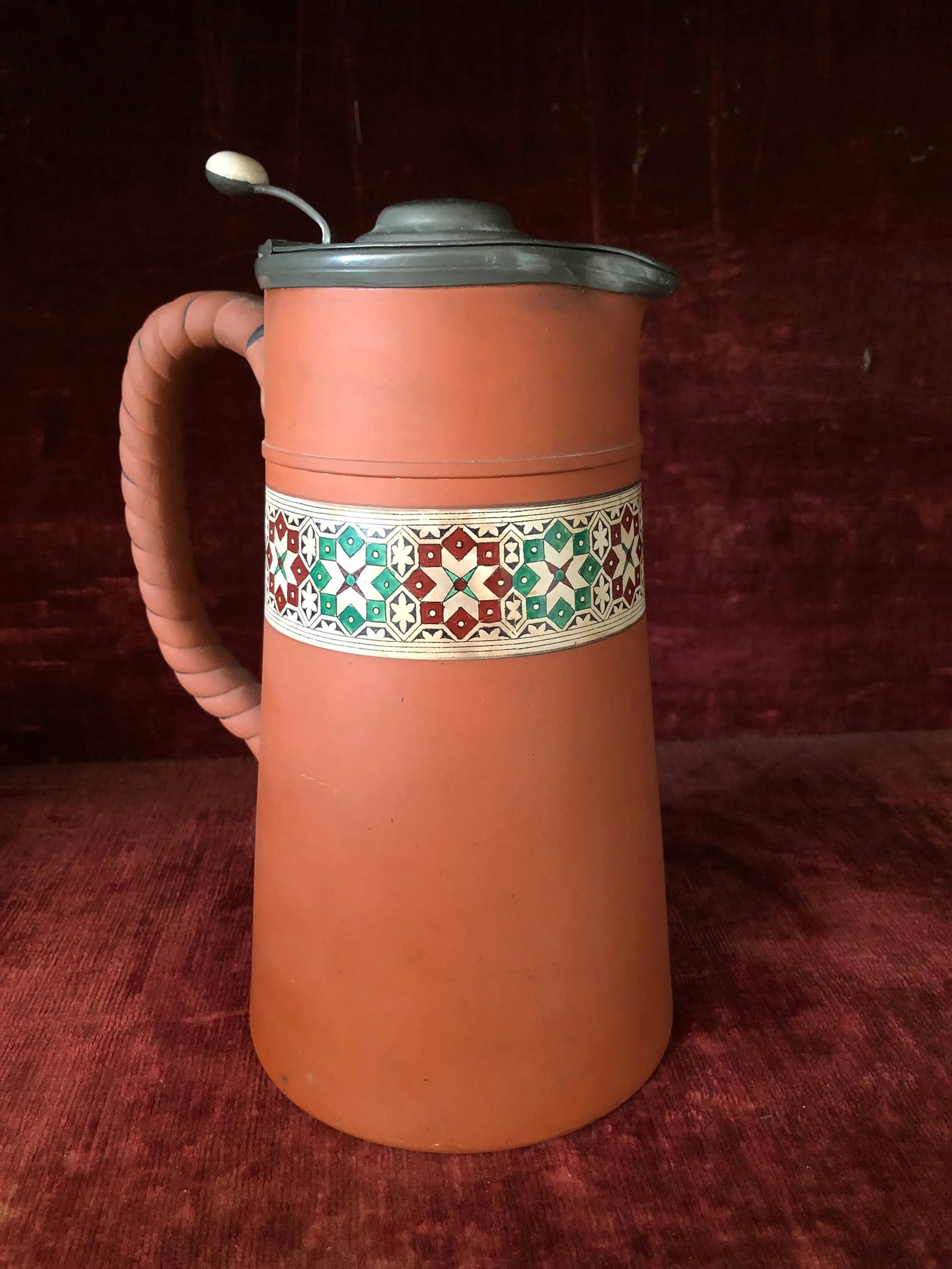 Antique Wedgwood Rosso Antico or Doulton Silicon Ware Enamel Painted Large Pitcher - 7