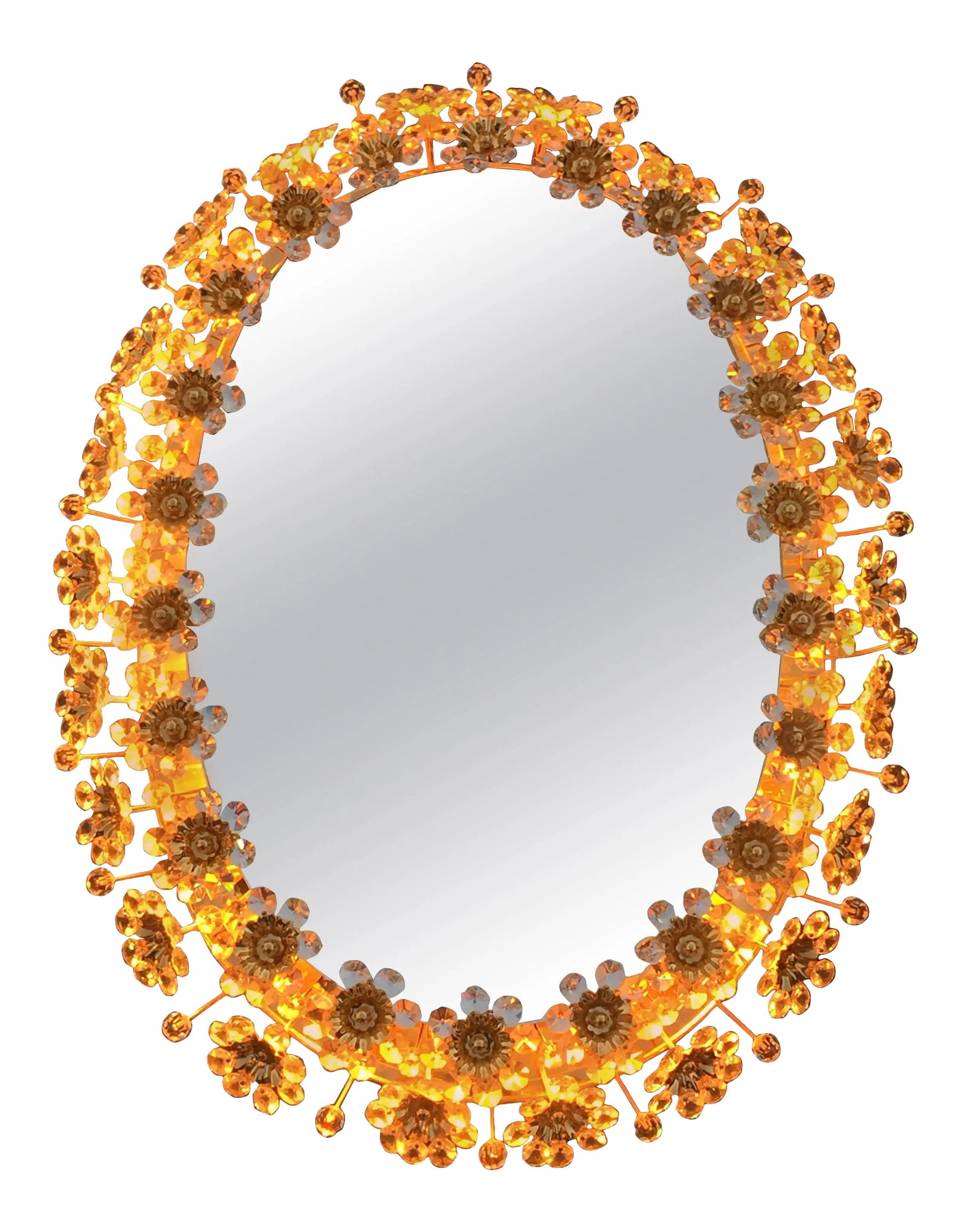 1980s Illuminated Mirror with Crystal Flowers by Palwa: Illuminated mirror with crystal flowers by Palwa. Condition: Alterations: Original Condition Unaltered Imperfections: Some Imperfections Condition Notes: Excellent Wear consistent with age and use.