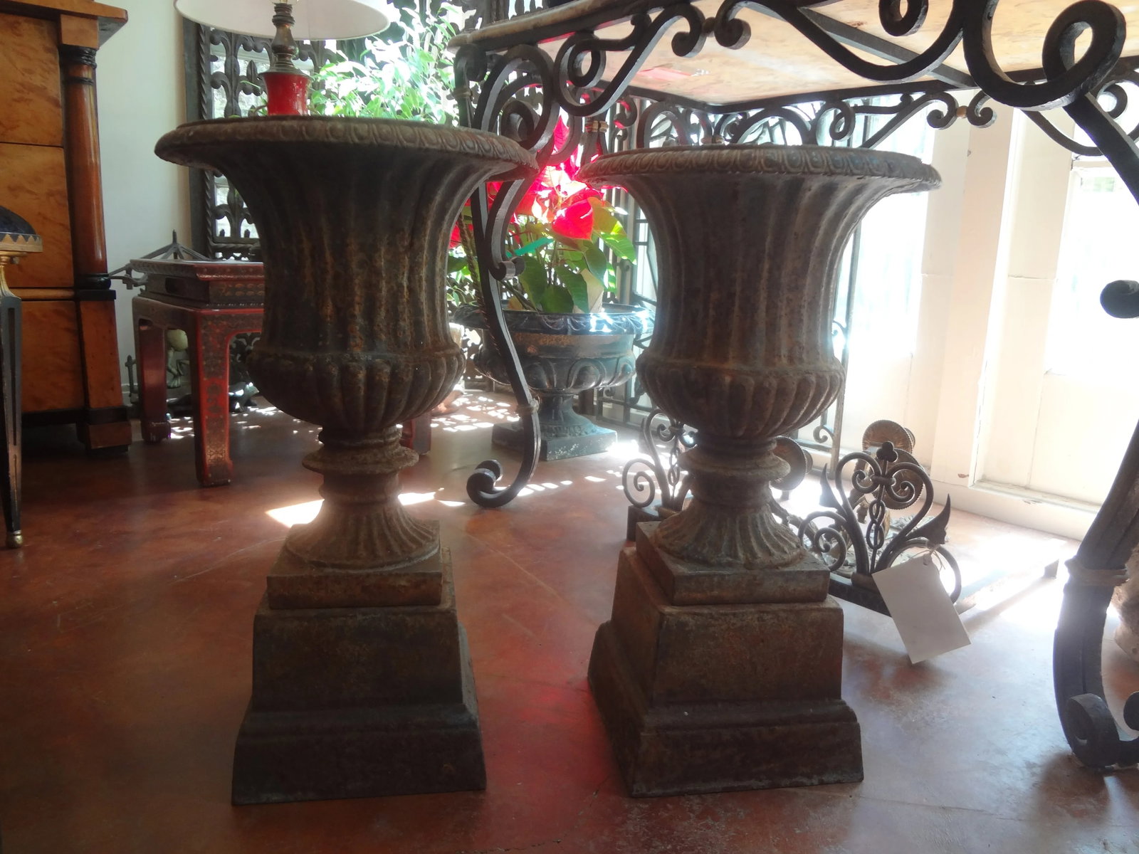 Pair of 19th Century French Neoclassical Style Iron Urns on Plinths - 2