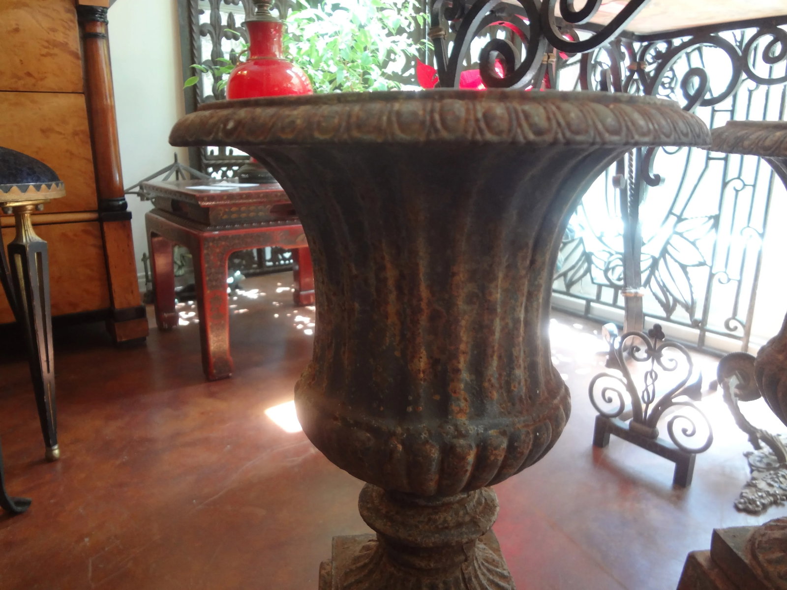 Pair of 19th Century French Neoclassical Style Iron Urns on Plinths - 3