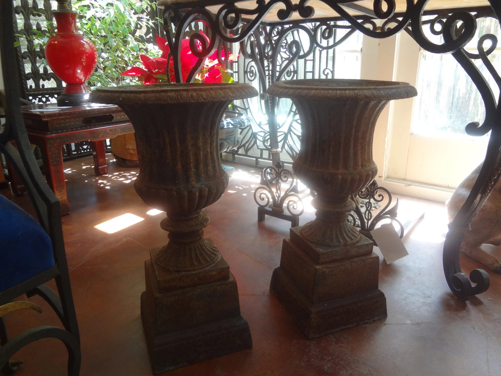 Pair of 19th Century French Neoclassical Style Iron Urns on Plinths - 5