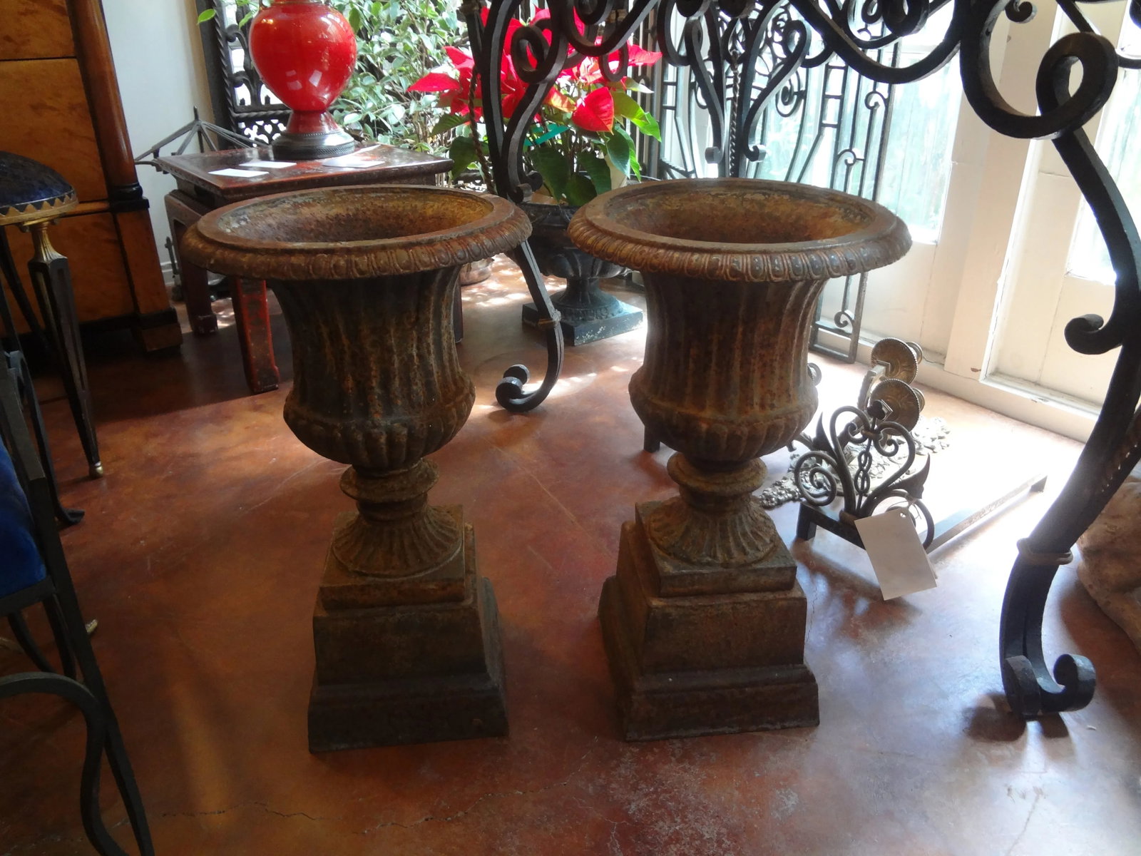 Pair of 19th Century French Neoclassical Style Iron Urns on Plinths - 7