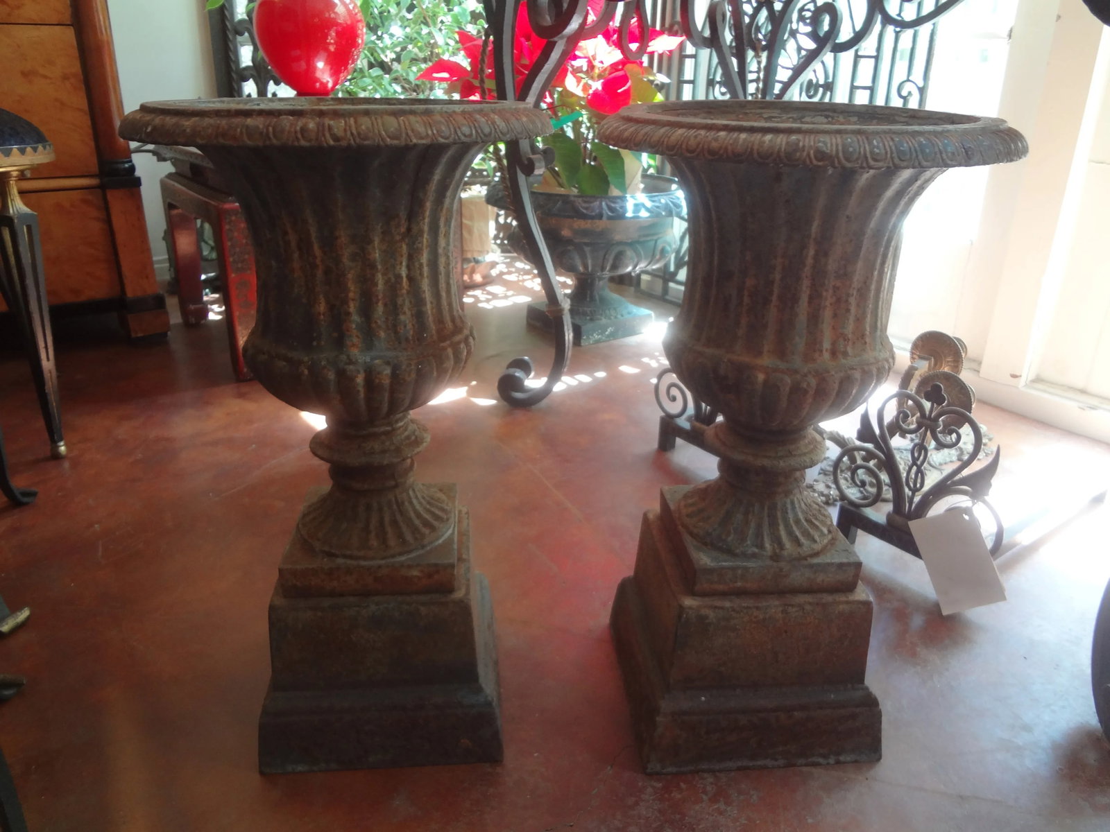 Pair of 19th Century French Neoclassical Style Iron Urns on Plinths - 8