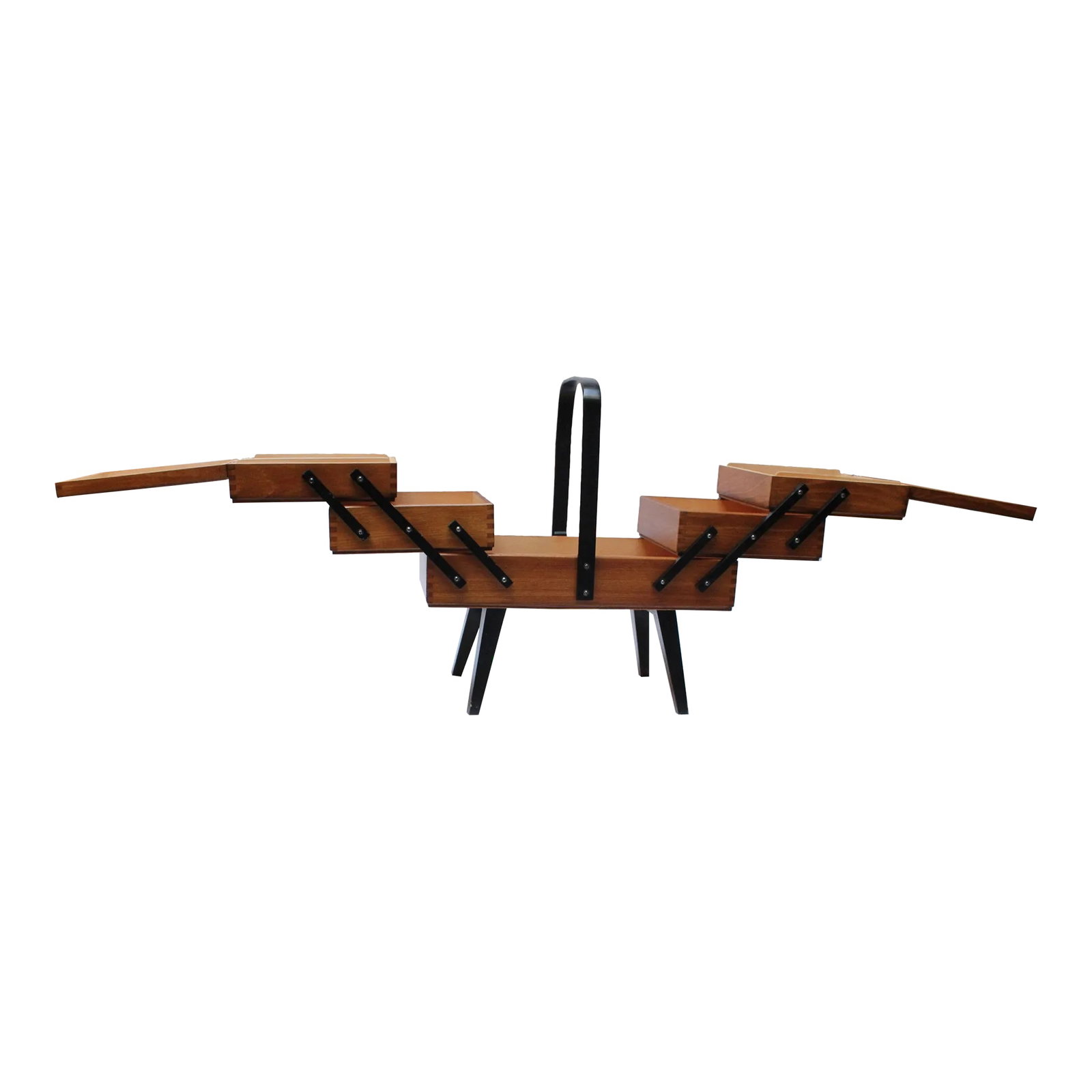Mid-Century American Modern Stained Oak Extendable Sewing Stand: Inspired by a Norwegian design by A StrÃ¸mmen Bruk Hamar, this American version is stained oak with ebonized slats, pulls, turned legs, and a bentwood handle. Very well constructed with