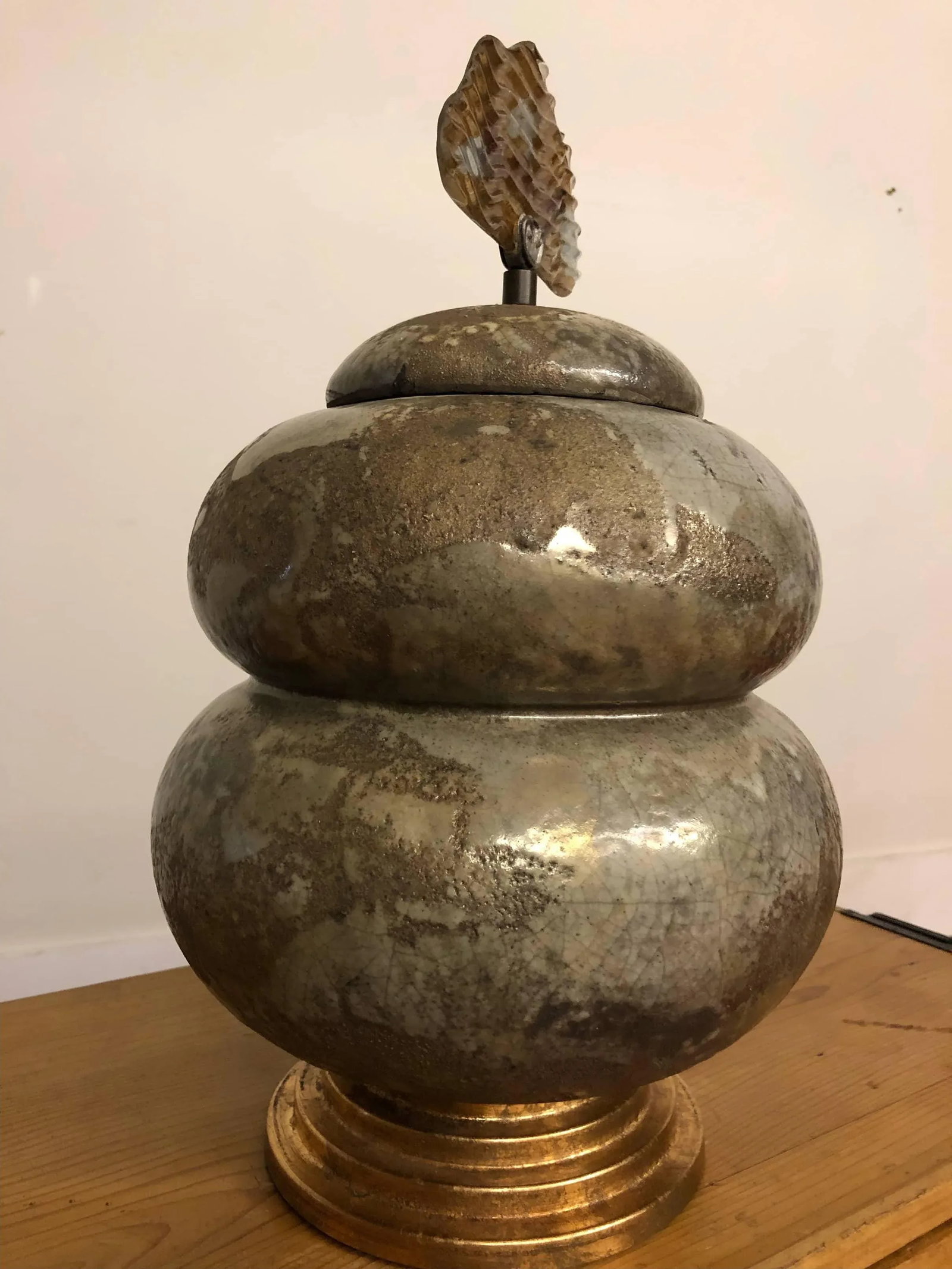 Tony Evans Signed Raku Pottery Urn With Handmade Glass Handle - 2