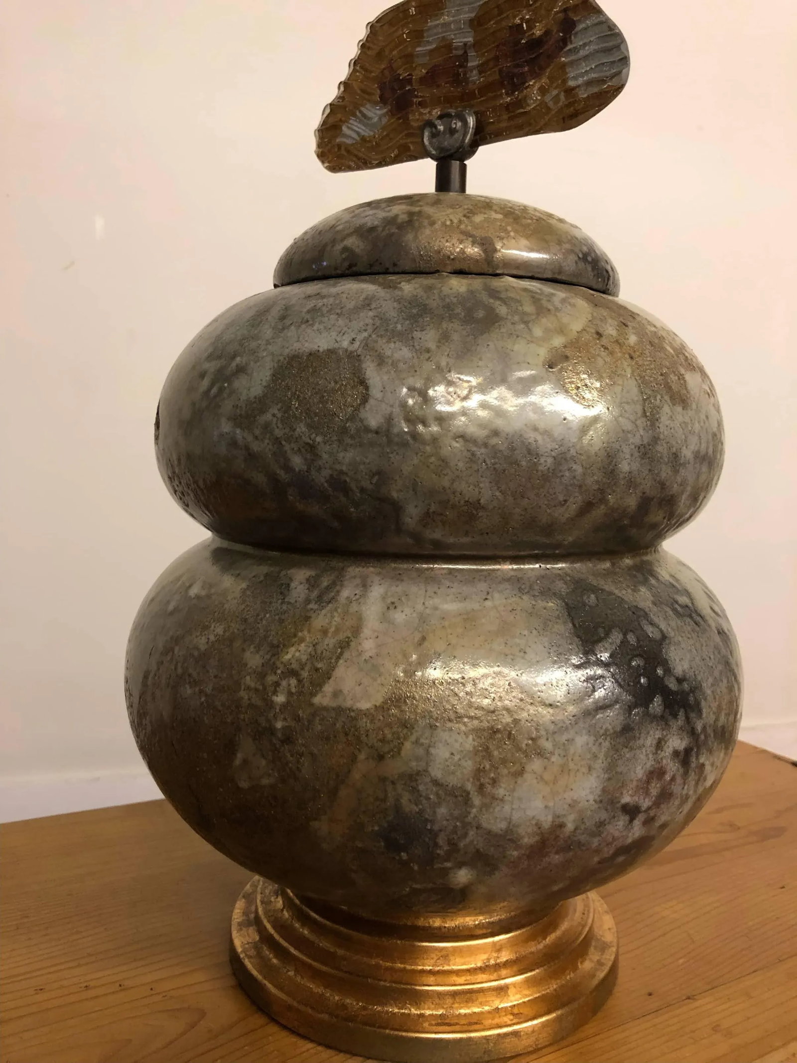 Tony Evans Signed Raku Pottery Urn With Handmade Glass Handle - 3