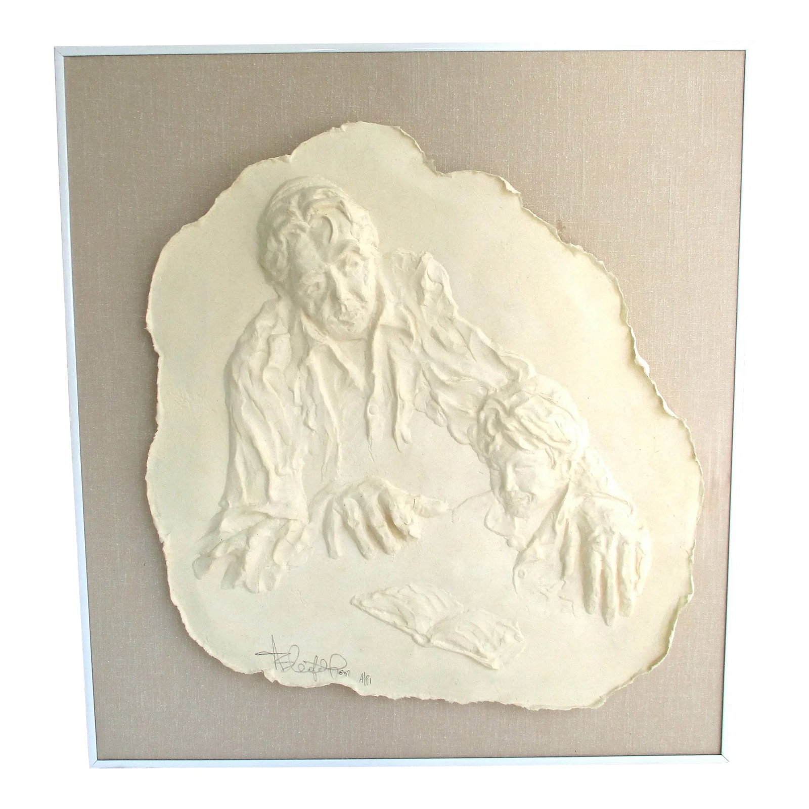 Leon Lee Bleifeld Molded Paper Sculptural Relief "Rabbi Teaching Torah to a Boy": Leon Lee Bleifeld Molded Paper Sculptural Relief "Rabbi Teaching Torah to a Boy" Artist Proof Leon "Lee" Bleifeld, American, b. 1926. Pressed paper sculptural relief entitled "Rabbi Teaching Torah to