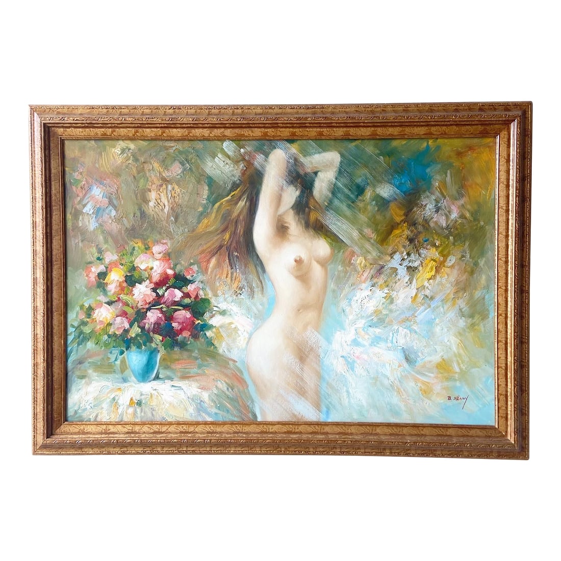 Woman With Flowers, Framed and Signed Oil Painting by B. Danny: A romantic celebration of form and color, this signed oil painting by B. Danny captures a nude female figure in an impressionist dreamscape, surrounded by a lush spray of florals in a vivid blue