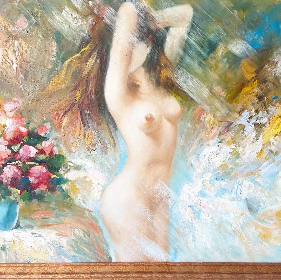 Woman With Flowers, Framed and Signed Oil Painting by B. Danny - 2