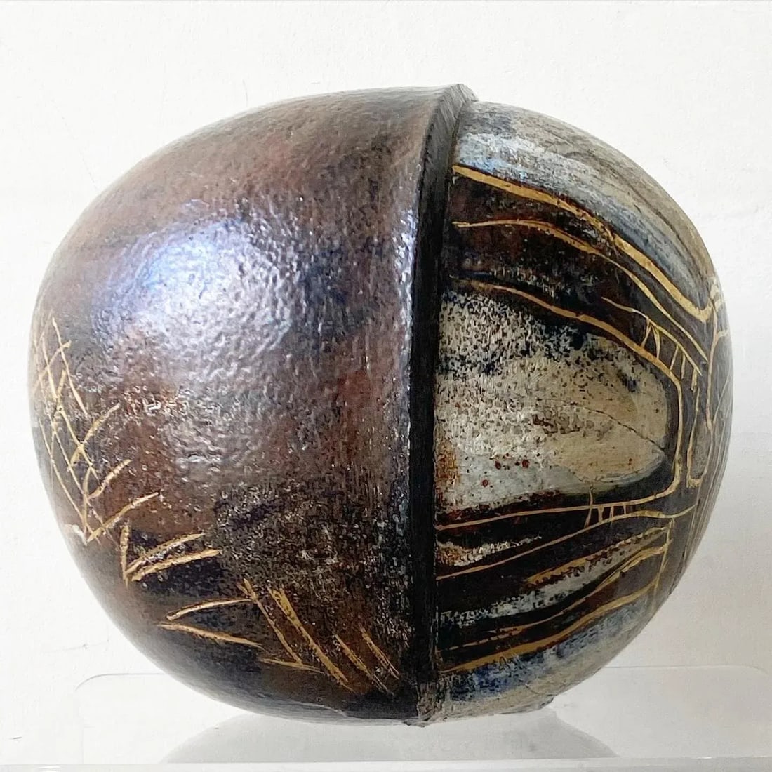Mid Century Modern Brown Spherical Danish Pottery Vase - 4