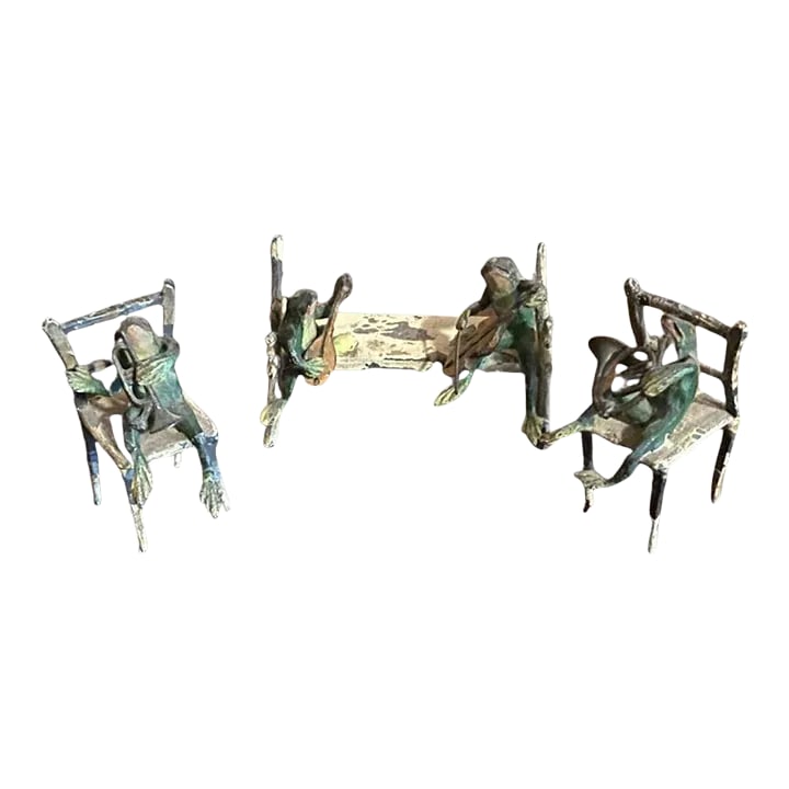 Late 19th Century Cold Painted Bronze Frog Musicians, Austrian - Set of 3: A handcrafted group of Frog Musicians, sitting on a bench and two chairs. There is some loss to paint. Otherwise they are very well done. Condition: Alterations: Original Condition Unaltered Imperfect