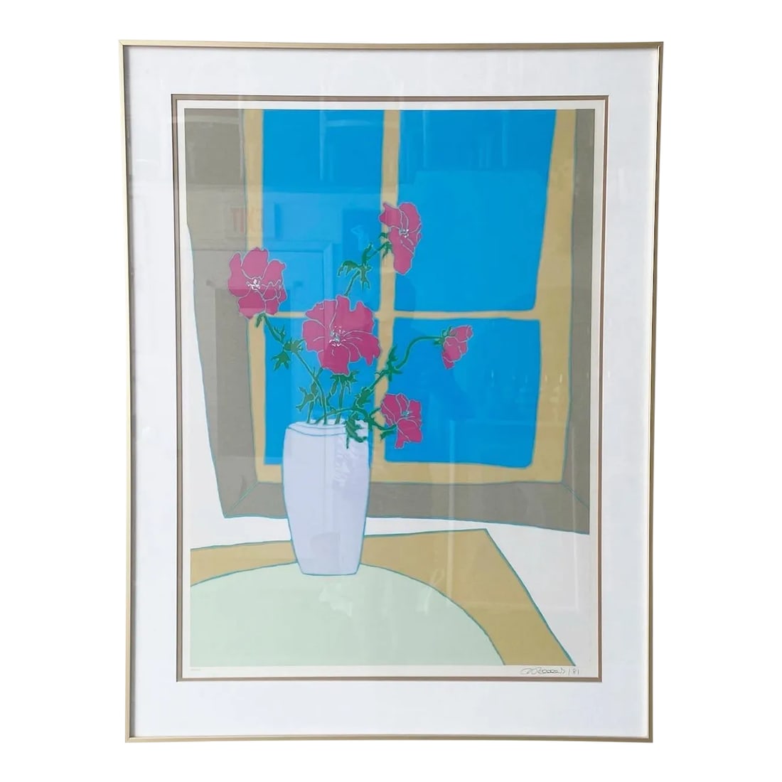 Mid Century Modern Framed Flowers in the Window Signed Print 164/225: Exceptional signed print from 1981, 163/225. Features a bouquet of pink flowers in front of a blue window. Condition: Alterations: Original Condition Unaltered Imperfections: Some Imperfections