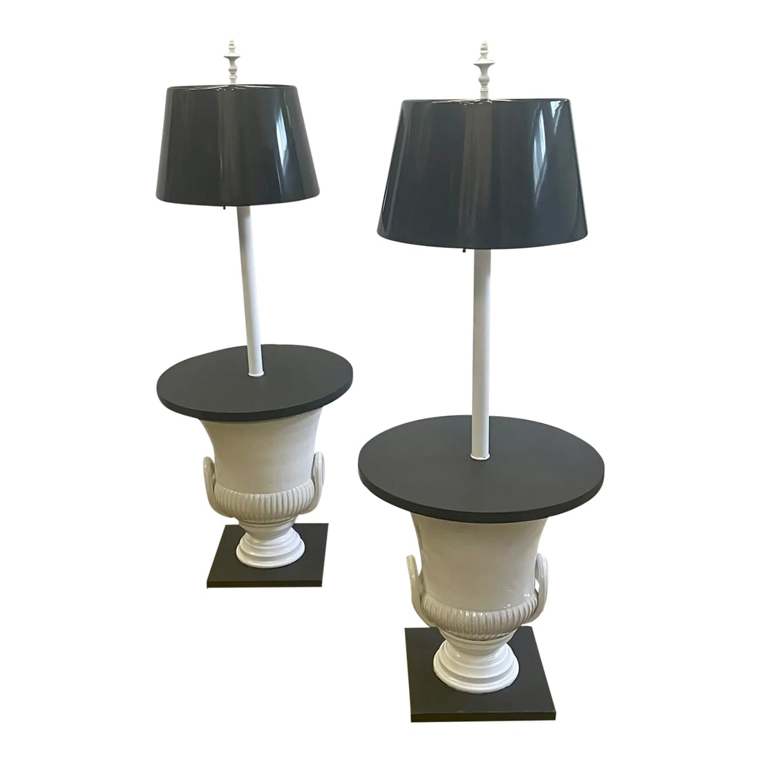 Pair of Dorothy Draper Style Urn Base Floor Lamp Side Tables: Chic Dorothy Draper style black and white floor lamps side tables having white ceramic urn shaped bases, black slate round table tops and square bases, and custom black tole shades. Shades are 15.75 d