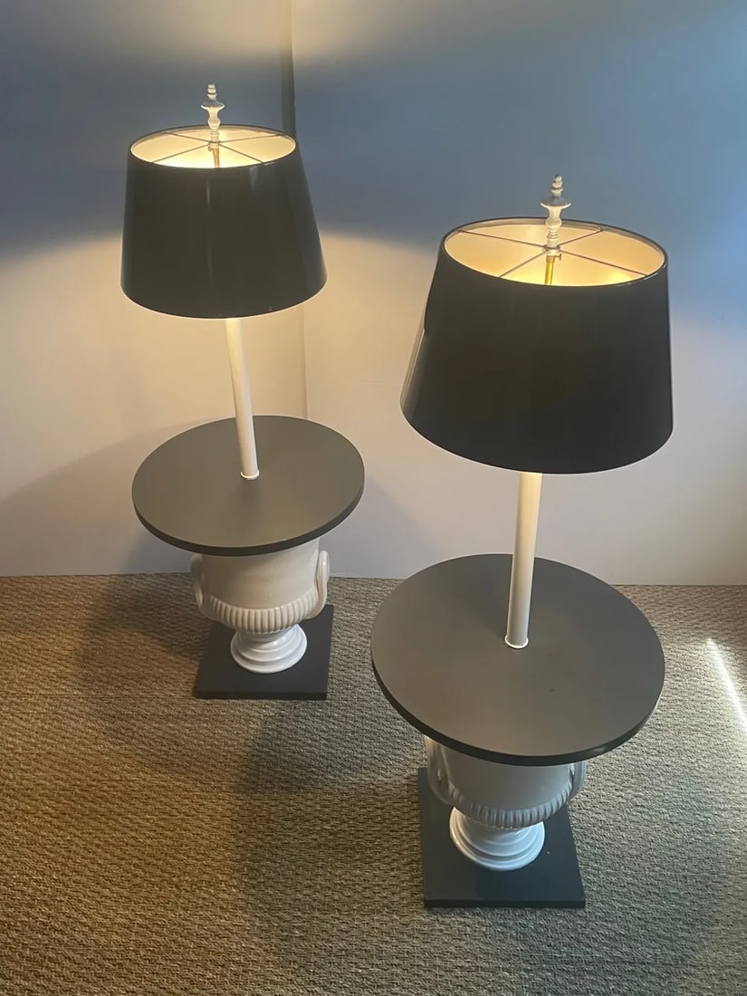 Pair of Dorothy Draper Style Urn Base Floor Lamp Side Tables - 2