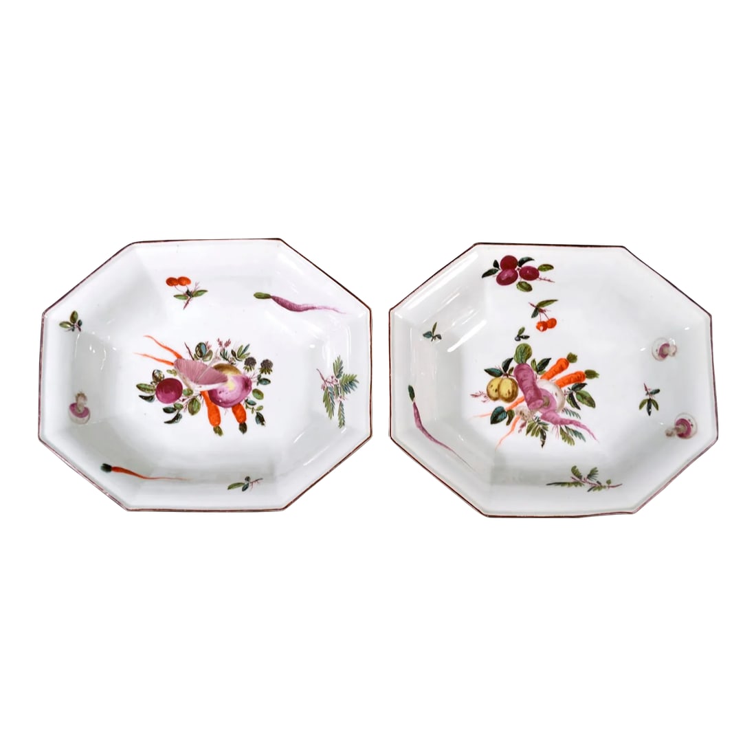 Pair of 18th Century Chelsea Porcelain Octagonal Dishes With Vegetables: A wonderfully whimsical pair of Chelsea porcelain octagonal dishes, hand-painted around 1758-60 with tumbling arrangements of vegetables and fruit "” carrots, turnips, mushrooms, a peach,