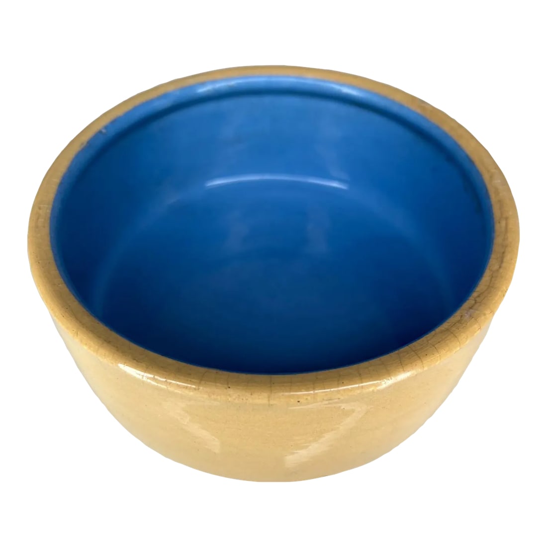 1960s Glazed Blue & Tan Ceramic Bowl English Art Pottery: AMBIANIC presents 1960s Vintage Dreamy Blue and Tan Beige Ceramic Bowl made in England 6 diameter x 2.38 tall Beautiful color combination MADE IN ENGLAND, stamp underneath. Preowned unrestored