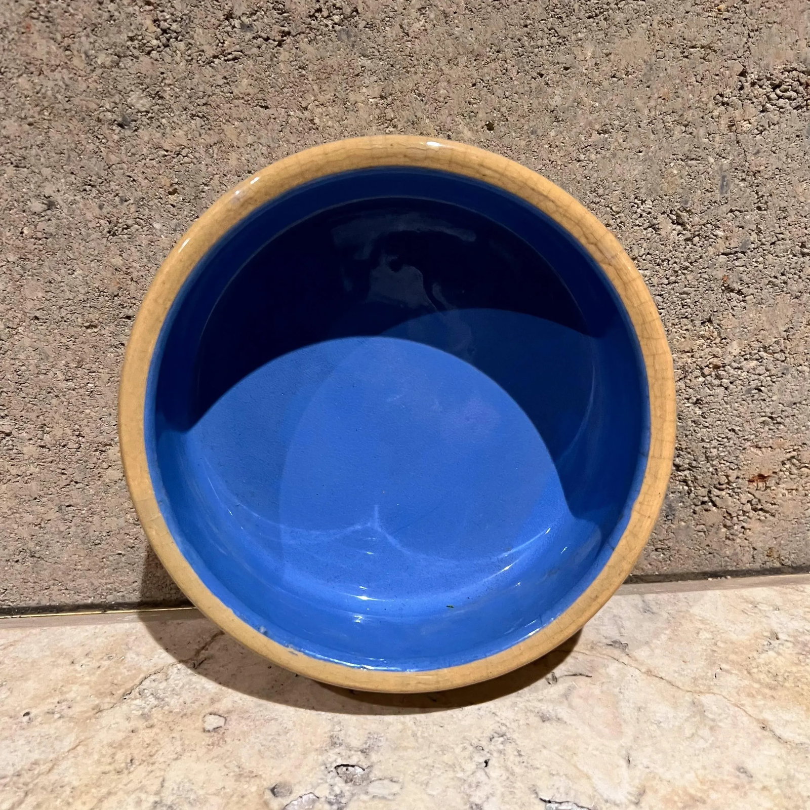 1960s Glazed Blue & Tan Ceramic Bowl English Art Pottery - 2