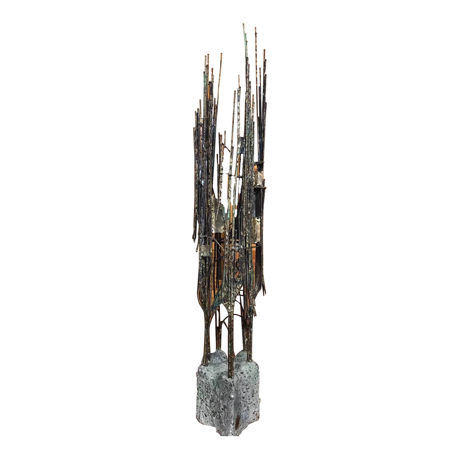 1970 Brutalist Metal Floor Sculpture in Concrete - Signed R. E. Sereda: 1970 metal floor sculpture in concrete, signed R. Sereda. This brutalist vertical sculpture is mostly comprised of thin rods with some arches and flat connecting pieces. It was sold to us as a bronze