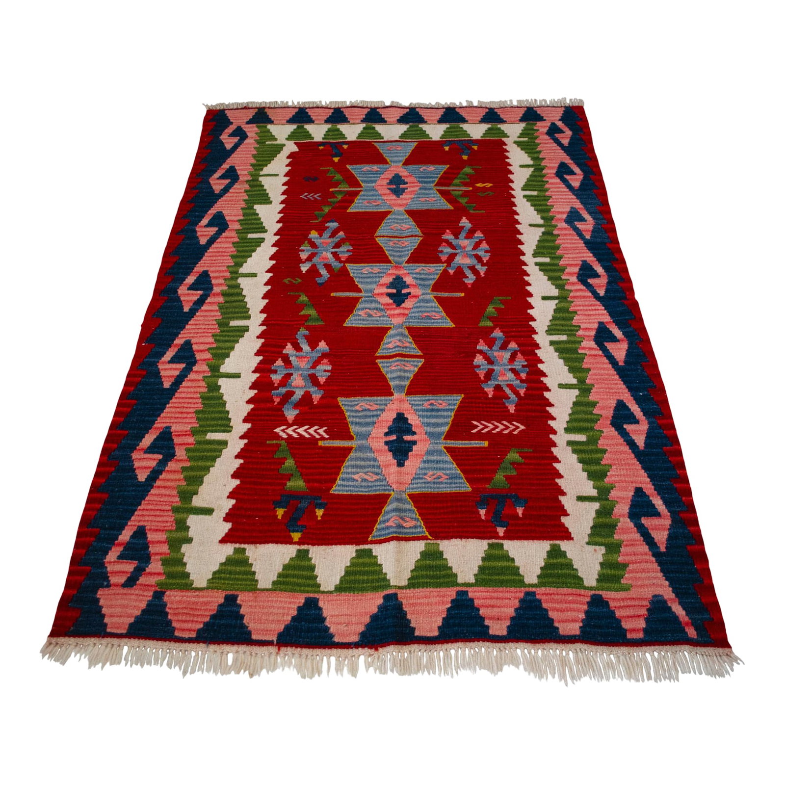 1980s Hand Woven Kilim Turkish Flat Weave Area Rug - 3"²7"³ × 5"²7"³: This is an colorful, one-of-a-kind vintage Anatolian kilim rug, hand-woven region of Turkey. Despite its age, it has never been used and remains in excellent, like-new condition. Crafted from 100% pur