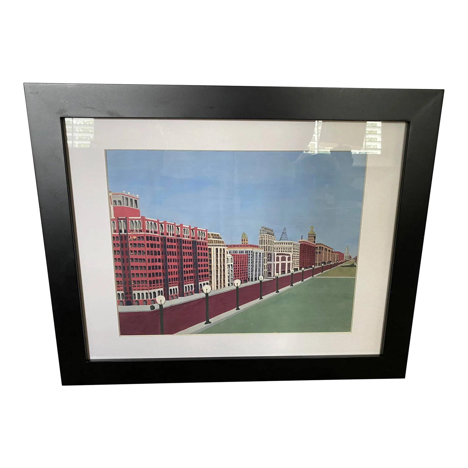 Vintage Architectural Streetscape Rendering – Framed Original Artwork: Vintage Architectural Streetscape Rendering – Framed Original Artwork This vintage artist rendering captures a detailed streetscape featuring buildings, fences, and lamp posts in vivid colors.