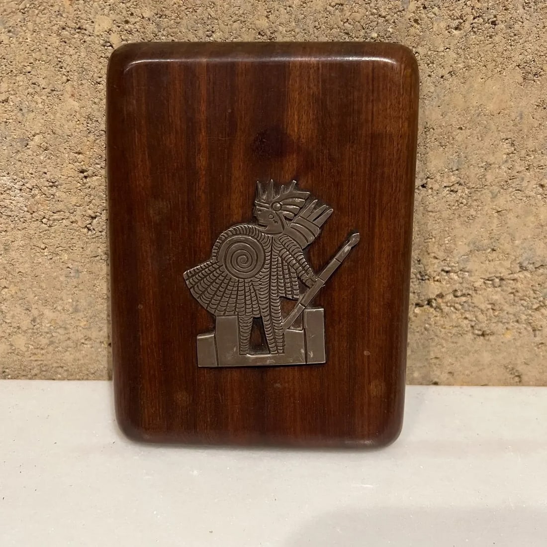 1940s Hand Carved Mahogany Box Silver Aztec Indian - 10