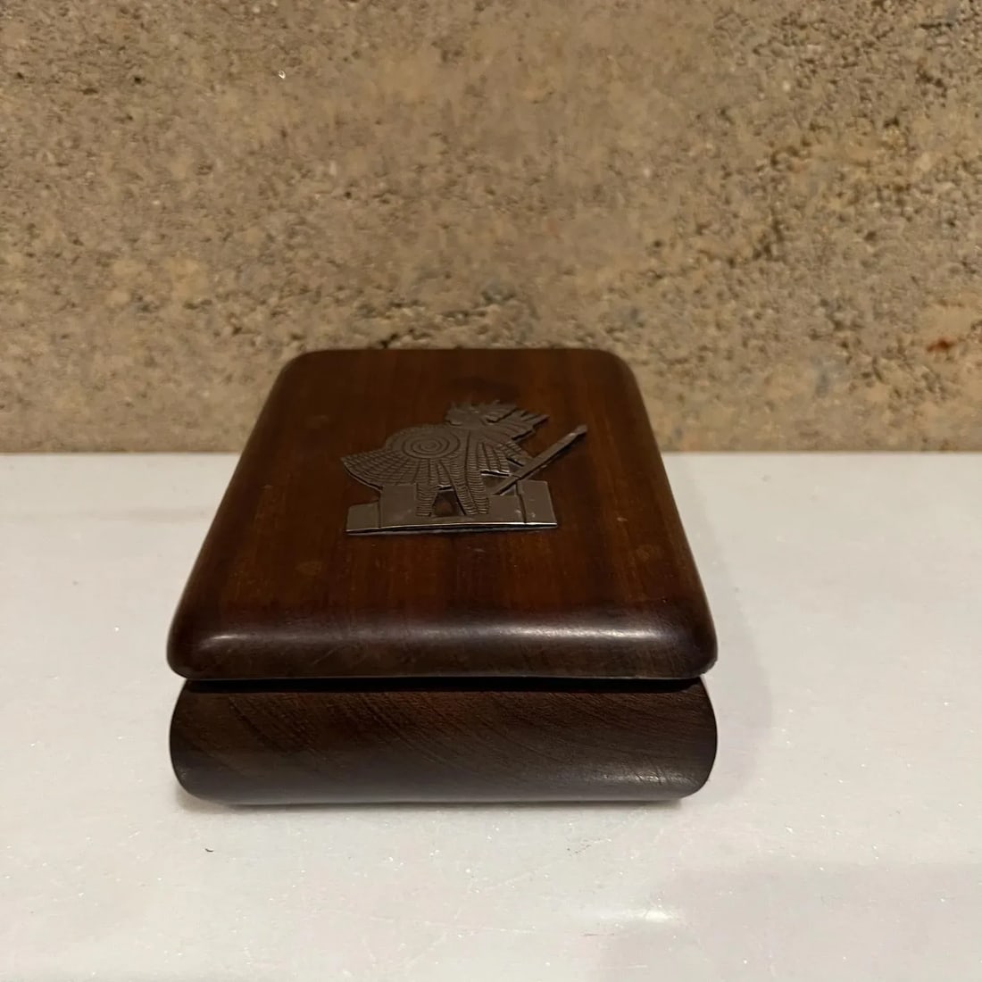 1940s Hand Carved Mahogany Box Silver Aztec Indian - 2