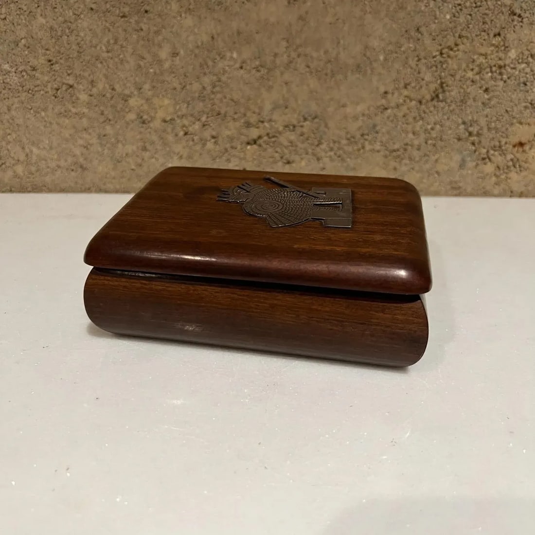 1940s Hand Carved Mahogany Box Silver Aztec Indian - 3