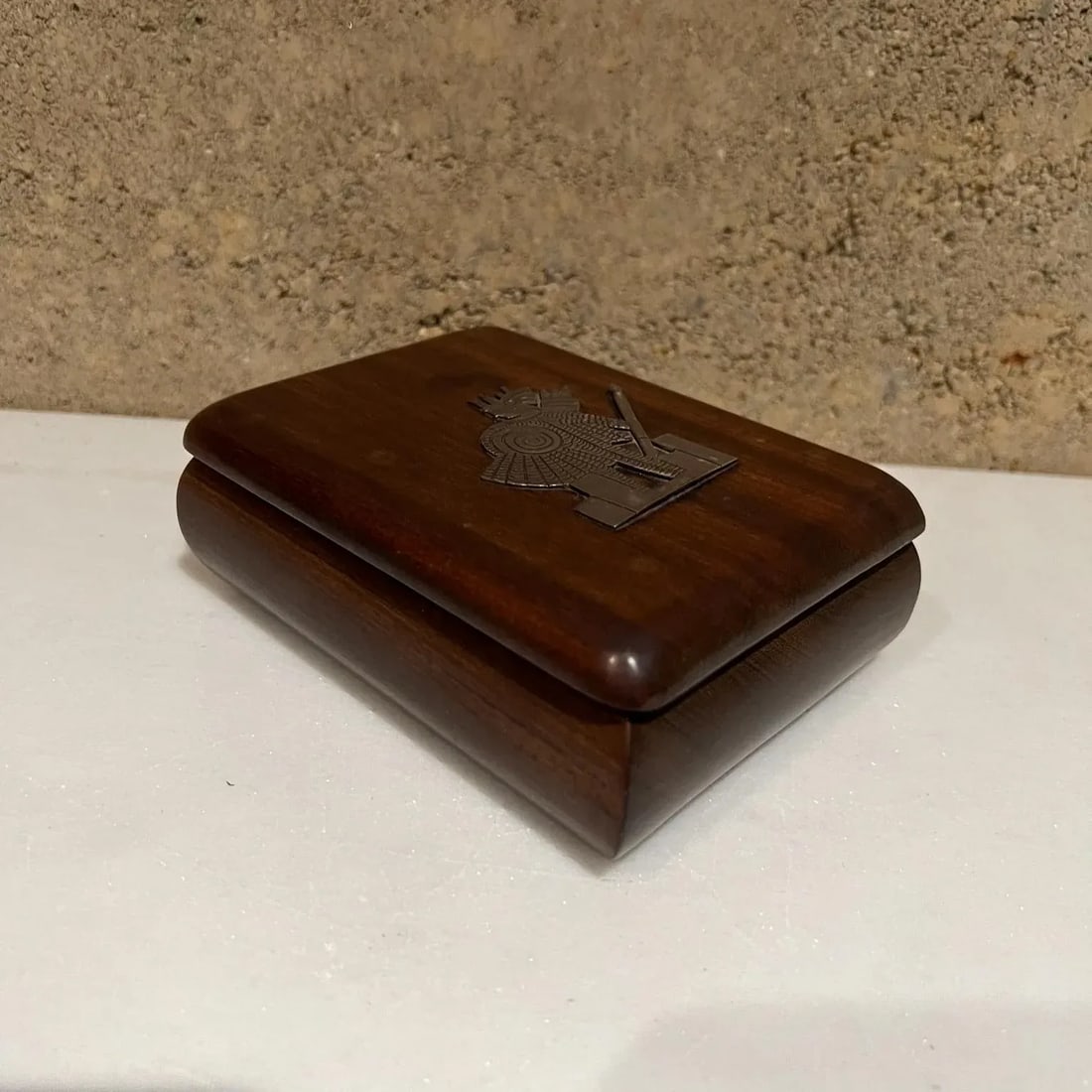 1940s Hand Carved Mahogany Box Silver Aztec Indian - 4