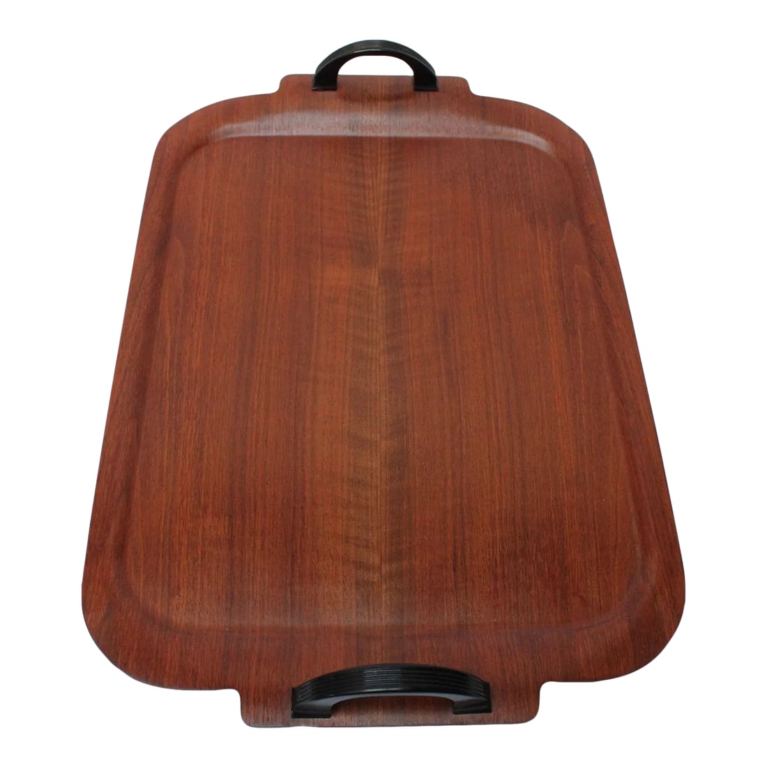 Large Mid-Century Modern Walnut Tray With Bakelite Handles by Faberware: Faberware walnut tray with black bakelite metal handles (ca. 1940s, New York City, USA). Unique example from Faberware, more commonly associated with the production of metal serveware. Large scale:
