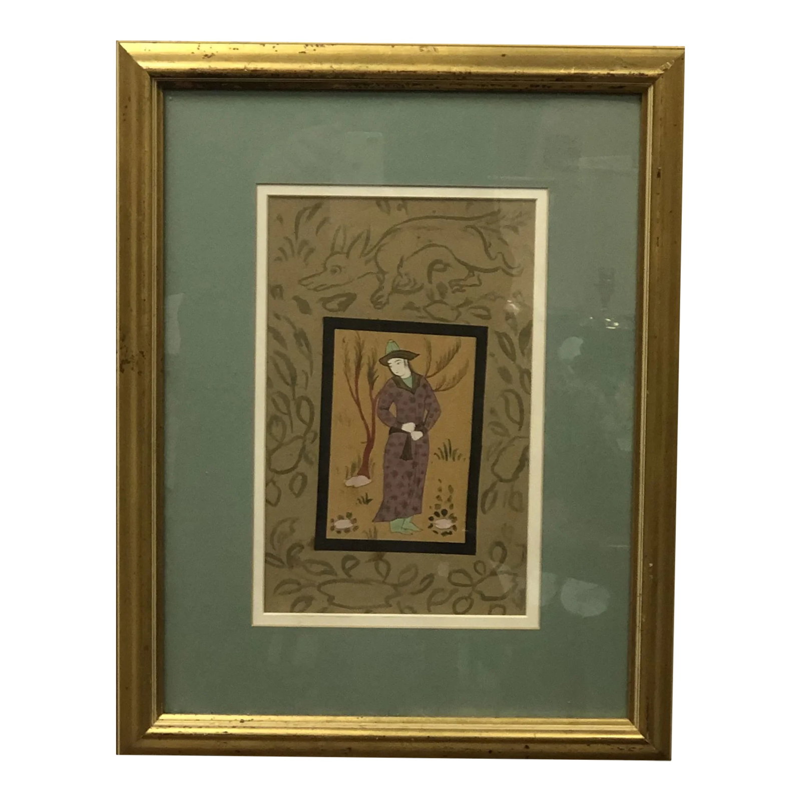 Noble Thoughts in the Quiet Wild - Antique Persian Watercolor Painting: This antique Persian watercolor painting presents a refined and poetic composition, reflecting the rich visual storytelling tradition of Persian art. The work originates from the mid-20th century and