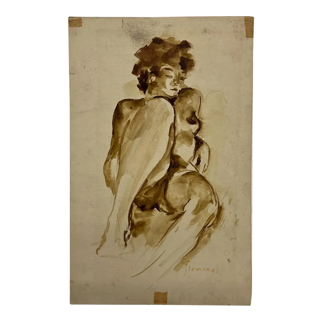 Mid 20th Century Art Watercolor Sketch Signed by Artist Fleming (1 of 7)