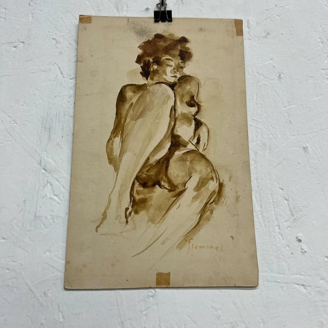 Mid 20th Century Art Watercolor Sketch Signed by Artist Fleming - 3
