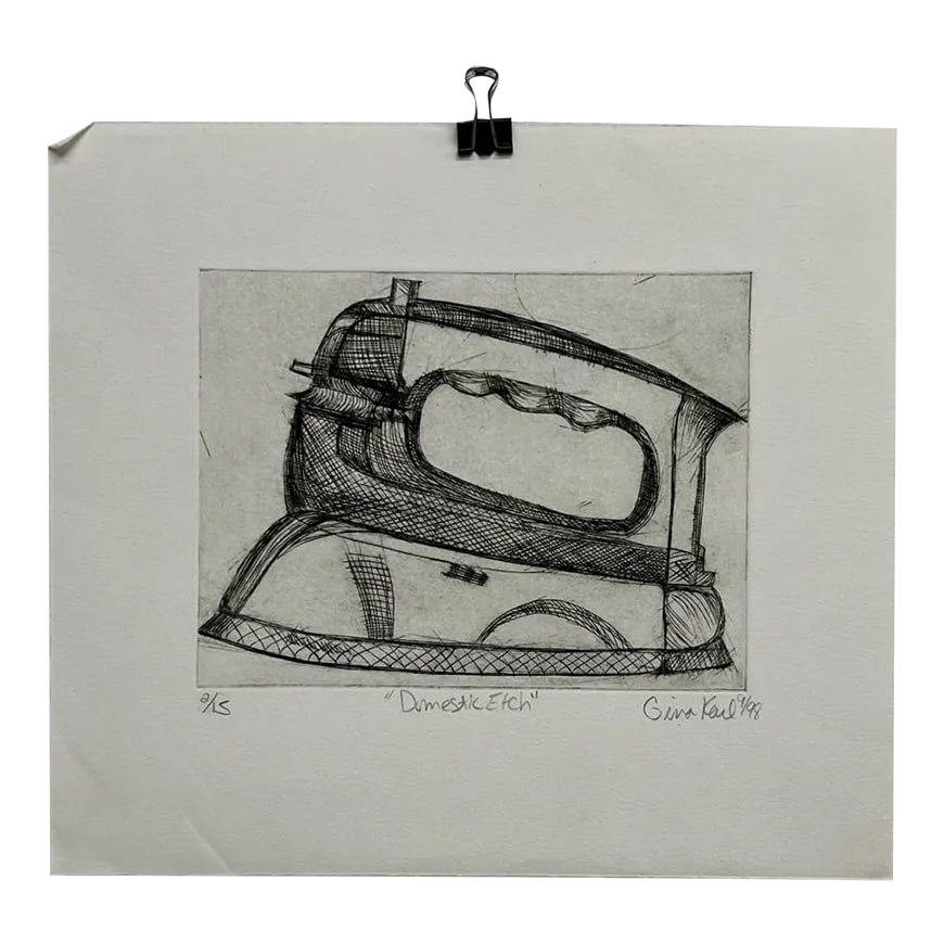 Sept 1998 'Domestic Etch' Iron Sketch 2/15 Gina Kail: AMBIANIC presents Art by Gina Kail Sept 1998 "Domestic Etch" Iron 2/15 13 x 13 art 6.75 x 6 Preowned vintage original art See mages provided Condition: Alterations: Original Condition Unaltered