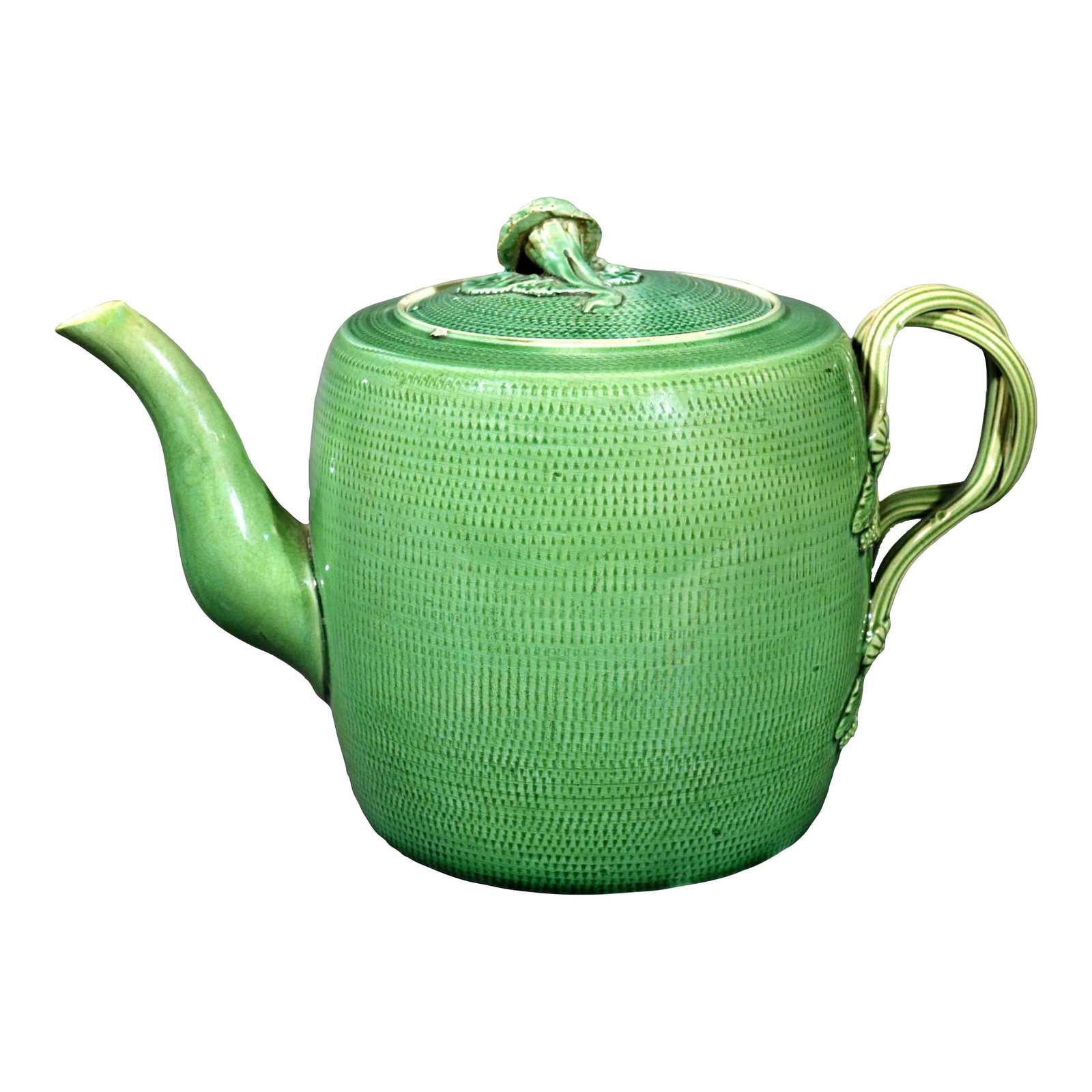 English Creamware Pottery Green Glazed Teapot & Cover, Swinton, Yorkshire: Yorkshire Elegance: Rare Green Glazed Creamware Teapot Swinton, Circa 1770 A superb late 18th-century English creamware teapot and cover, produced by the Swinton Pottery (the precursor to Rockingham)