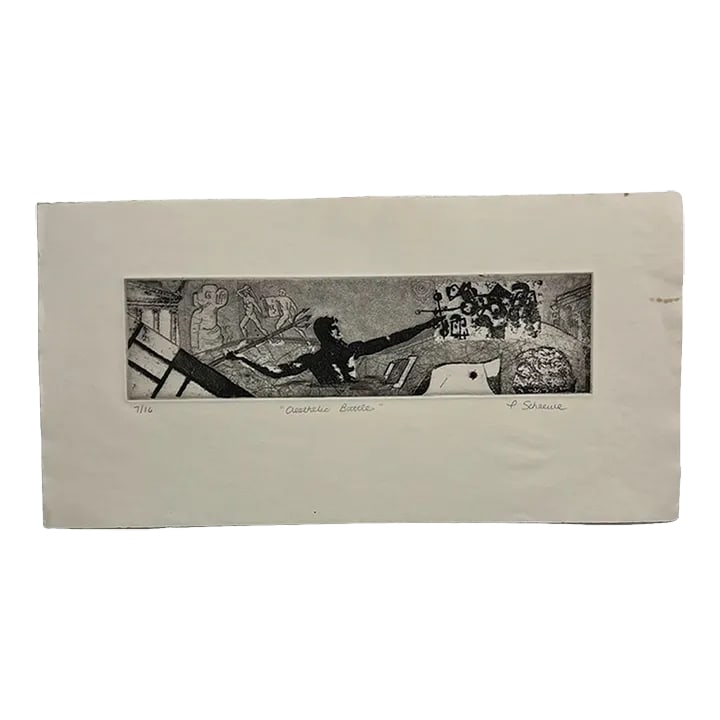 Aesthetic Battle 7/16 Signed P. Schaewe Print Artwork on Paper: AMBIANIC presents Aesthetic Battle 7/16 signed P. Schaewe Artwork on Paper Signed art Preowned unrestored vintage condition. Stain right side 15.75 x 8 art 11.5 x 3 Review all images Condition: