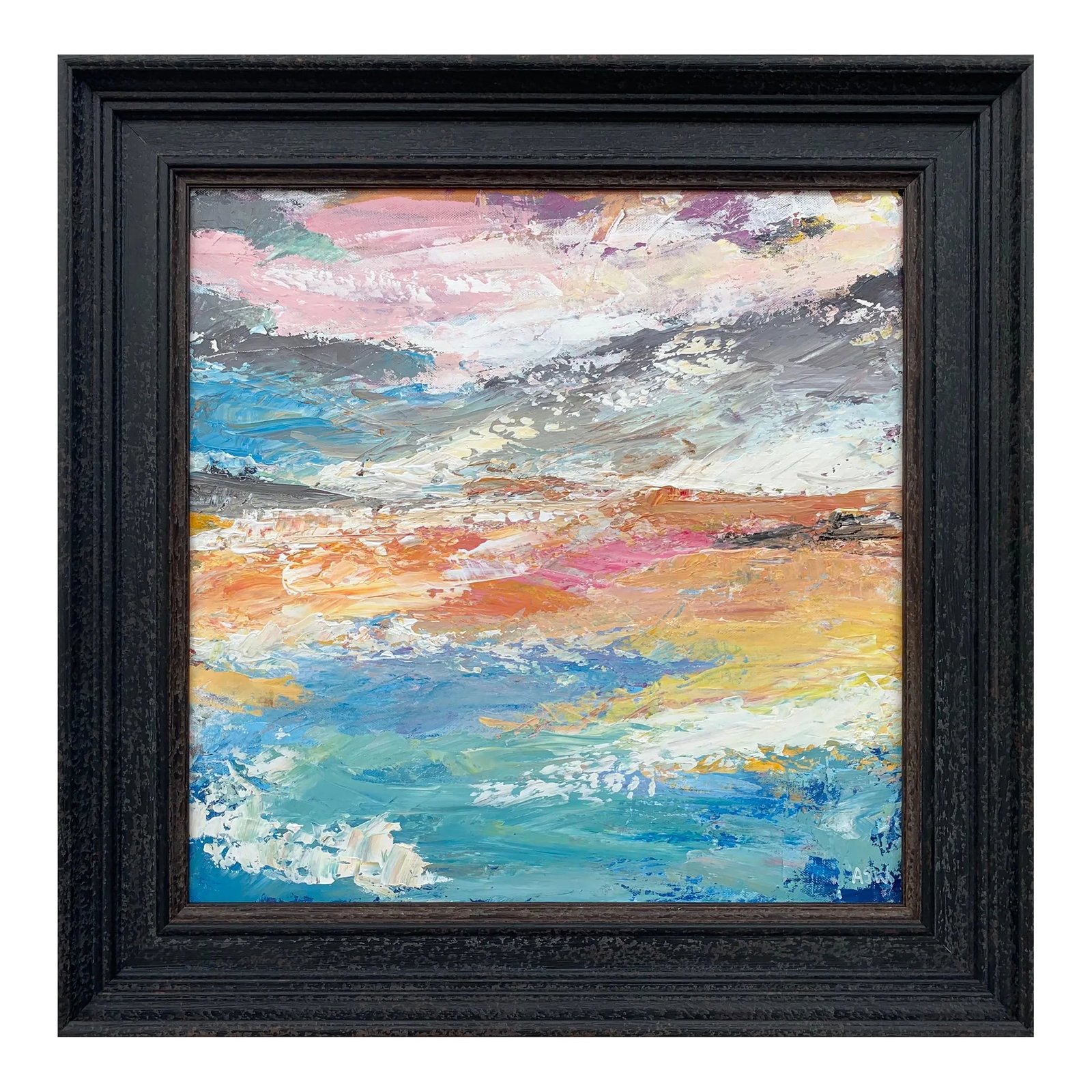 Abstract Beach Seascape Landscape Light Colours - Unique Original Art by Contemporary British Artist: Abstract Beach Seascape Landscape Light Colours by Contemporary British Artist Angela Wakefield Art measures 20 x 20 inches Frame measures 26 x 26 inches Angela Wakefield has twice been on the front c