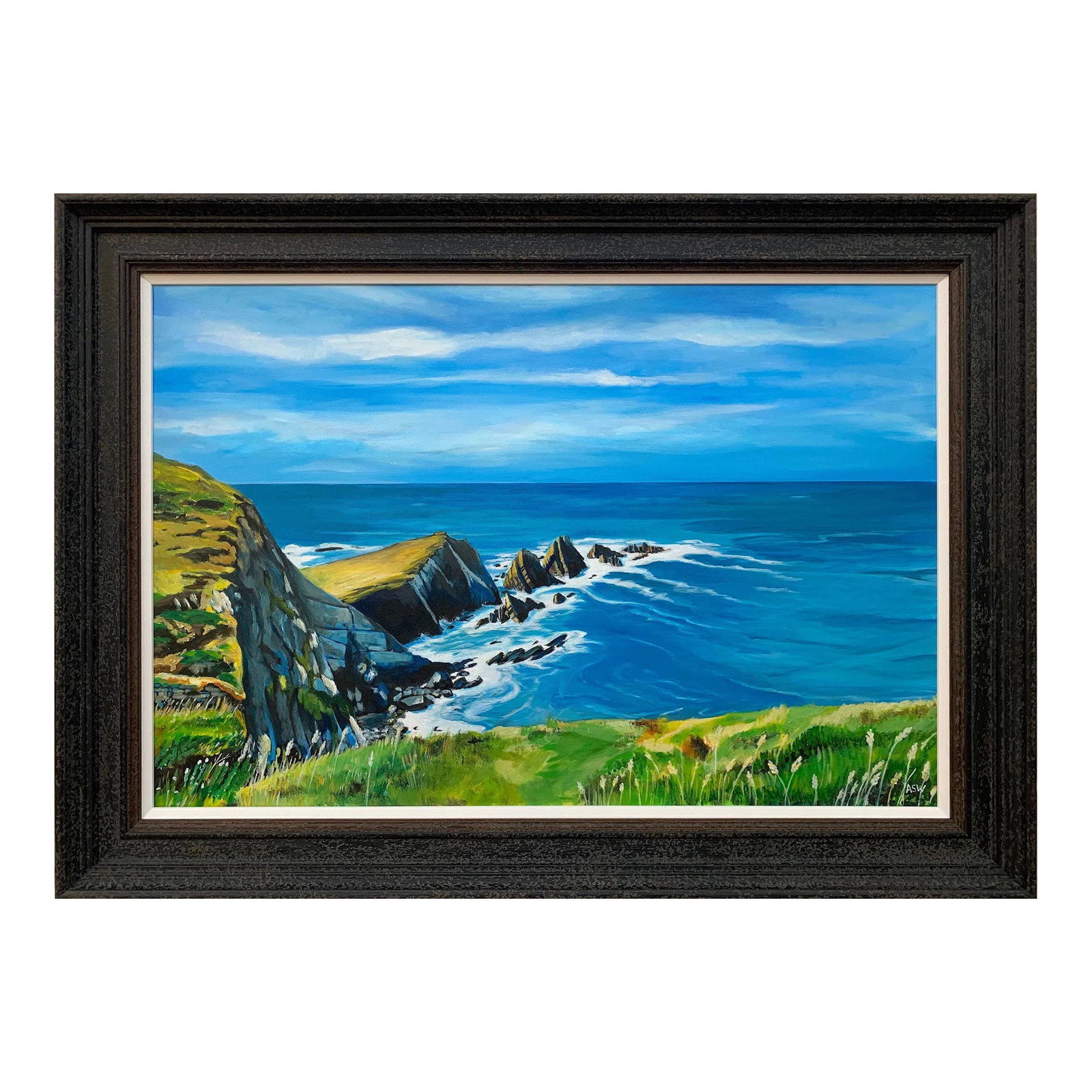 Seascape Landscape Painting of Hartland Point in Devon England by Contemporary British Artist: Seascape Landscape Painting of Hartland Point in Devon, England by British Artist Angela Wakefield. Framed in a high quality contemporary off-black wooden moulding with a white slip. Art measures