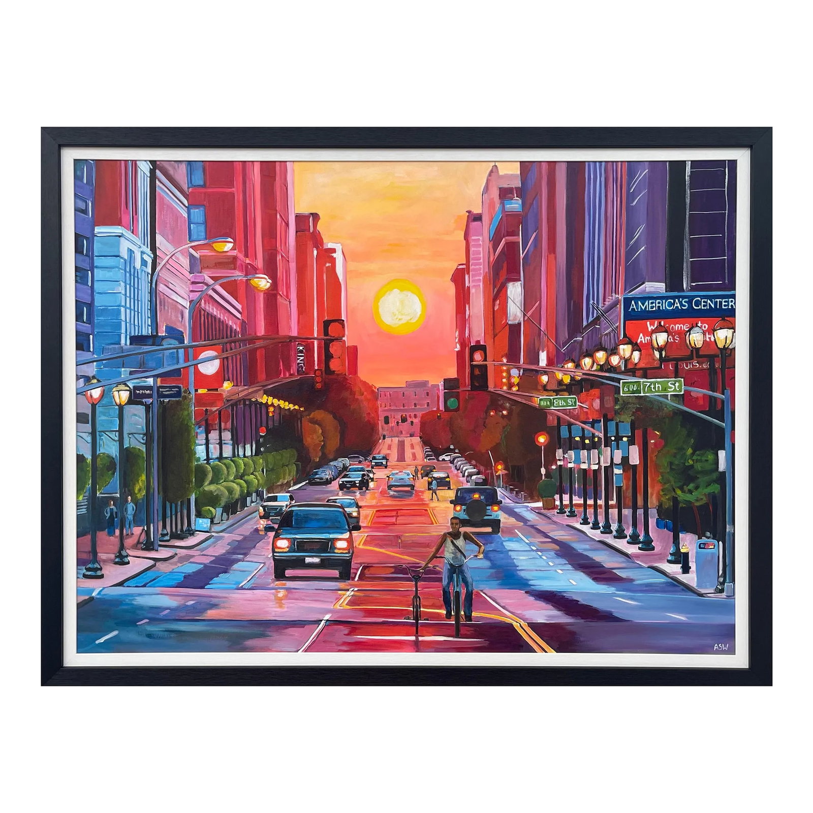 Sunset at Washington Avenue Historic District - Unique Original Art by Contemporary British Artist,: Sunset at Washington Avenue Historic District St Louis Missouri by Contemporary British Artist Angela Wakefield. Rich orange, pink, yellow and purple colours create atmosphere and give this original