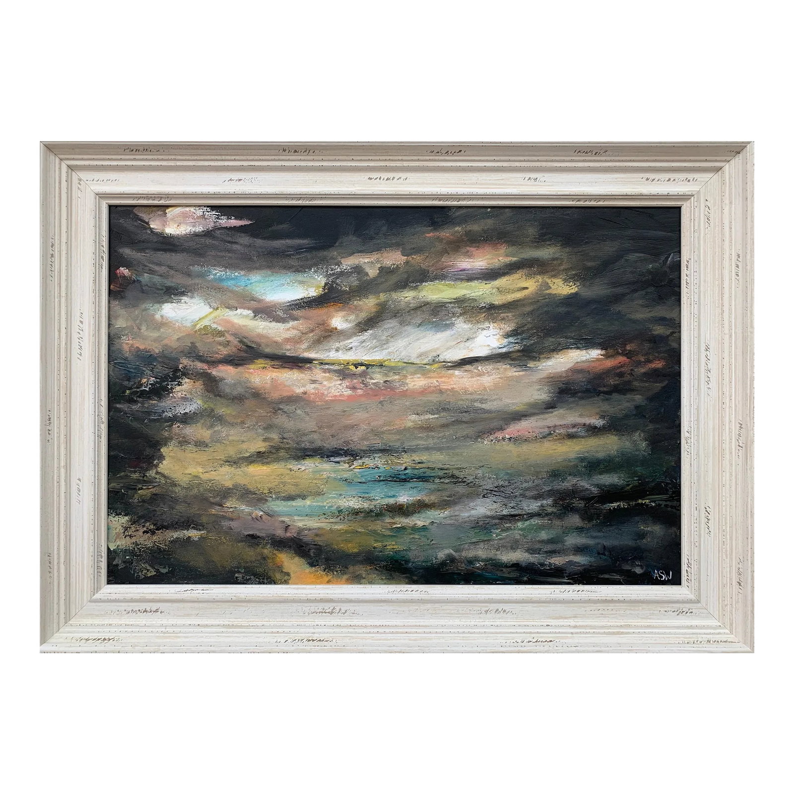 Dark Atmospheric Abstract Landscape Painting by Contemporary British Artist: Dark Atmospheric Abstract Landscape Painting of the English Countryside by Leading Contemporary British Artist, Angela Wakefield Art measures 30 x 20 inches Frame measure 35.5 x 25.5 inches Angela Wak