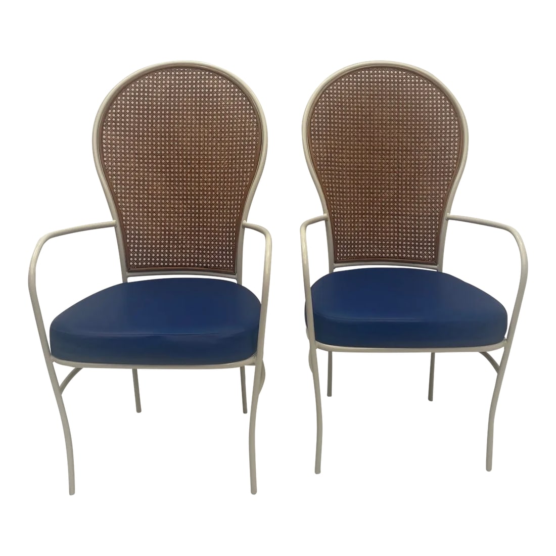 Mid-Century Milo Baughman for Thayer Coggin Iron & Caned Armchairs -A Pair: Cool Mid-Century Modern pair of Milo Baughman armchairs having painted white iron frame with handsome caned backs and original blue vinyl seats. Arms are thin and elegant as are the legs. Arm height